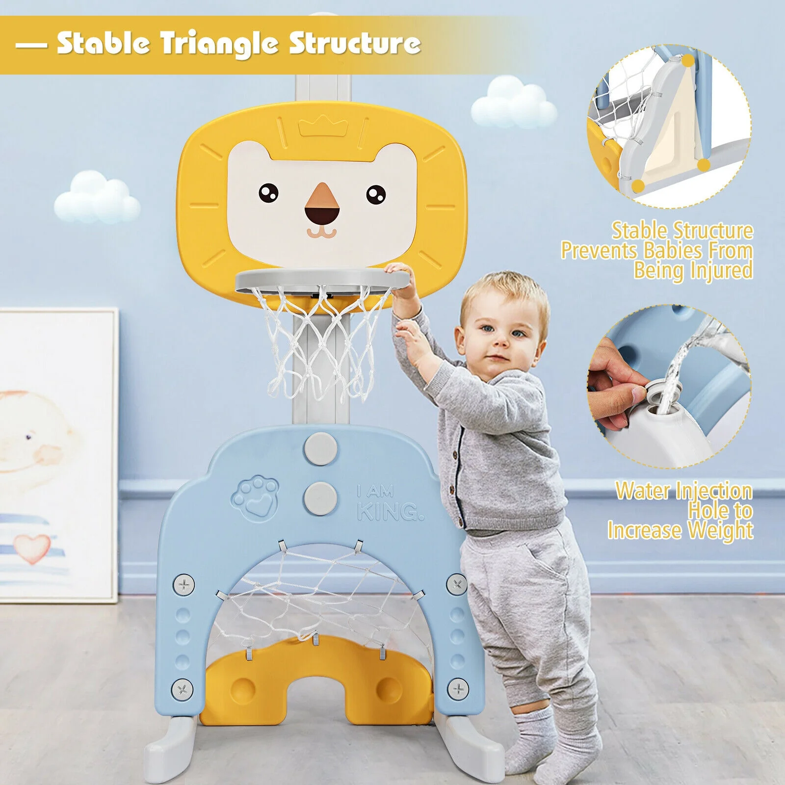 3-in-1 Adjustable Kids Basketball Hoop Sports Set, Yellow - Image 8