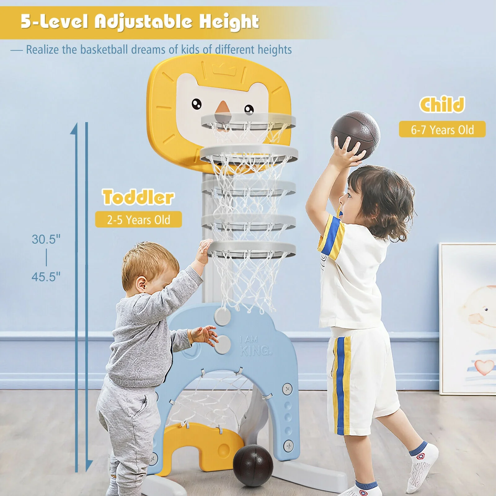 3-in-1 Adjustable Kids Basketball Hoop Sports Set, Yellow - Image 9