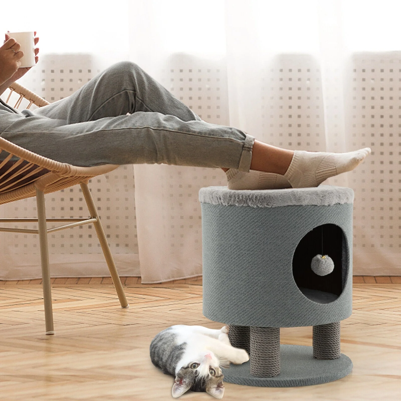 3-in-1 Cat Condo Stool, Kitty Bed, Scratching Posts, Plush Ball Toy, Gray - Image 2