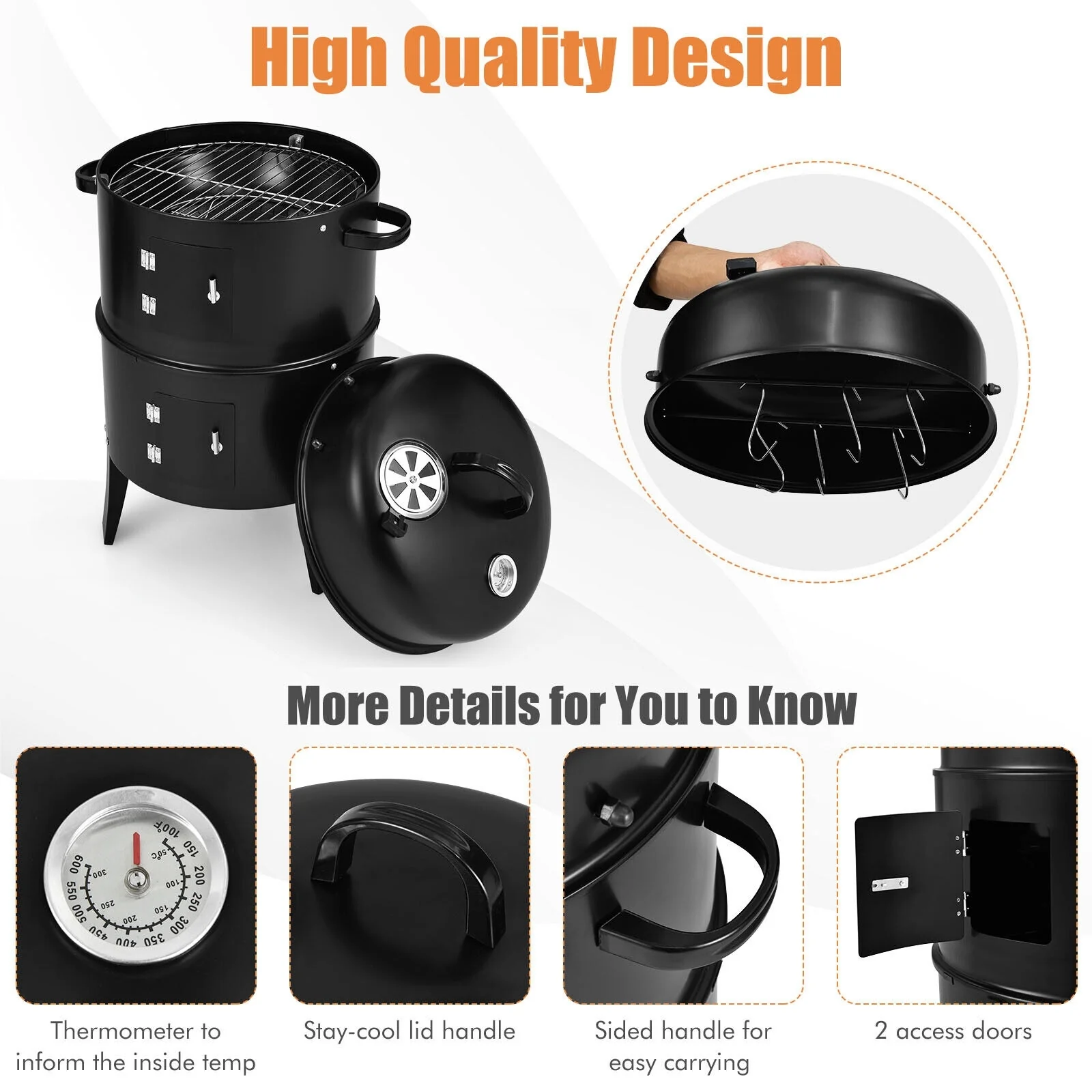 3-In-1 Charcoal BBQ Grill Cambo With Thermometer, Black - Image 10