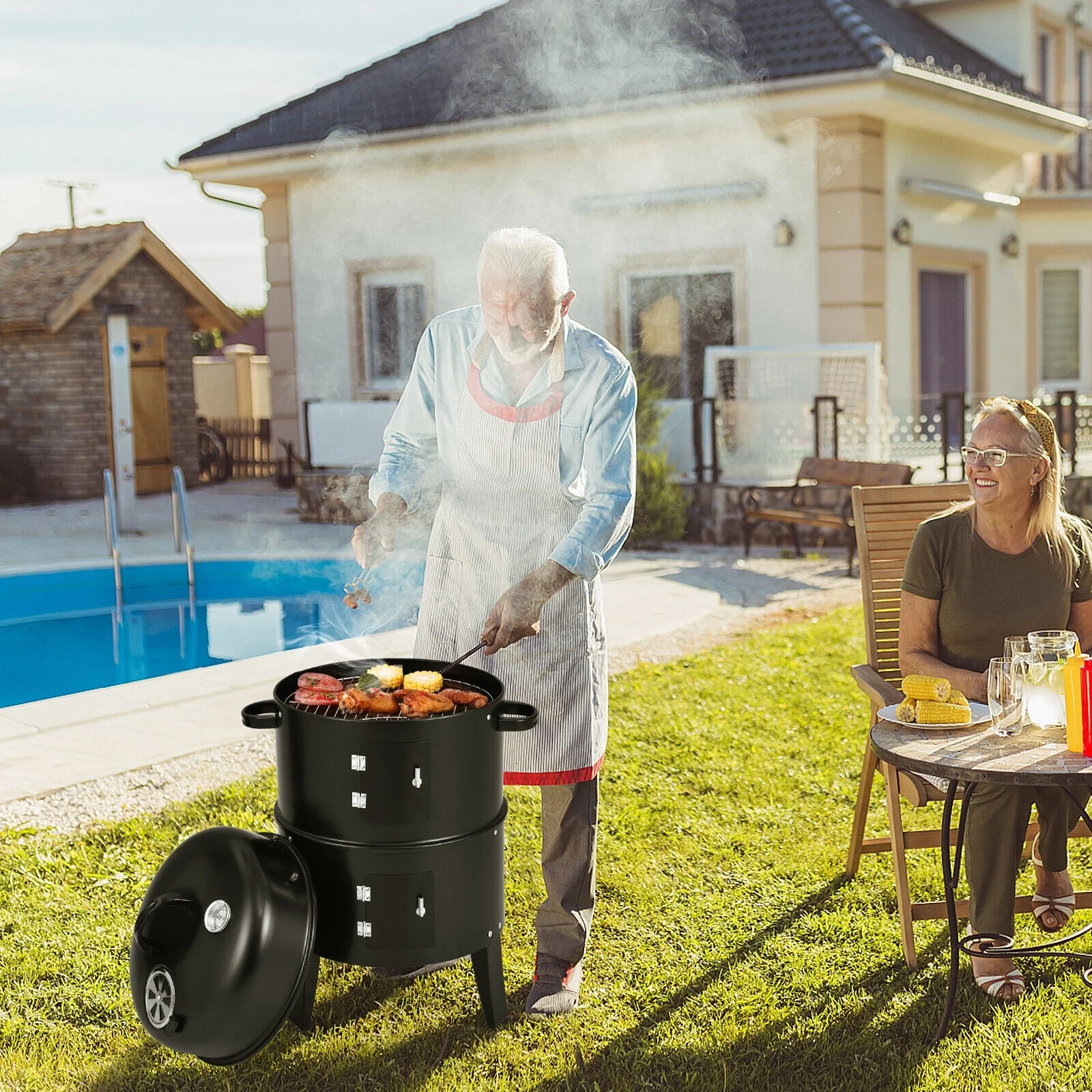 3-In-1 Charcoal BBQ Grill Cambo With Thermometer, Black - Image 3