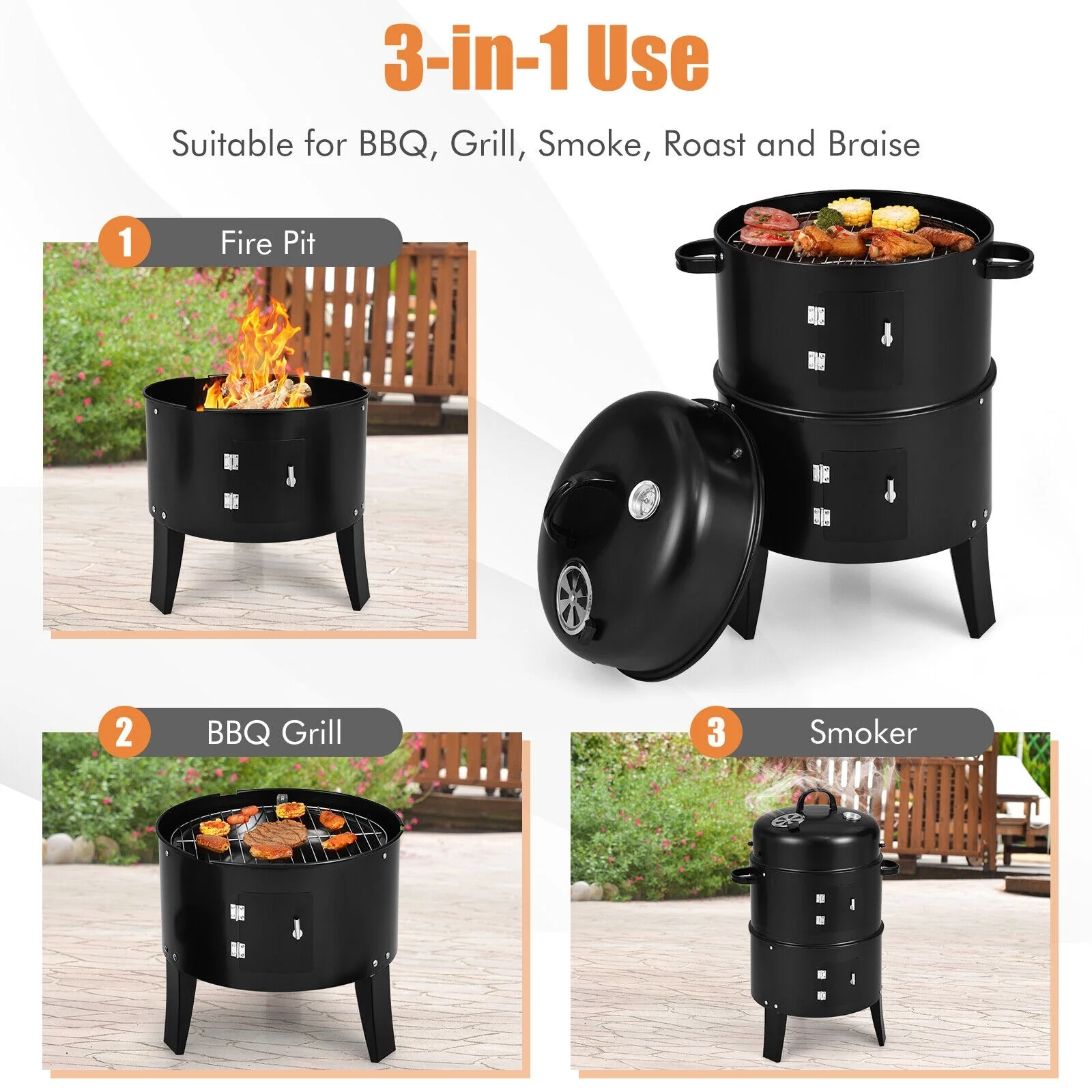 3-In-1 Charcoal BBQ Grill Cambo With Thermometer, Black - Image 4