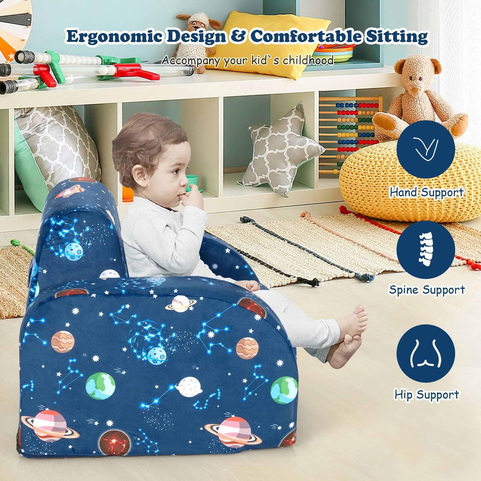 3-in-1 Convertible Kid Sofa Bed, Flip-Out Chair Lounger, Blue - Image 3