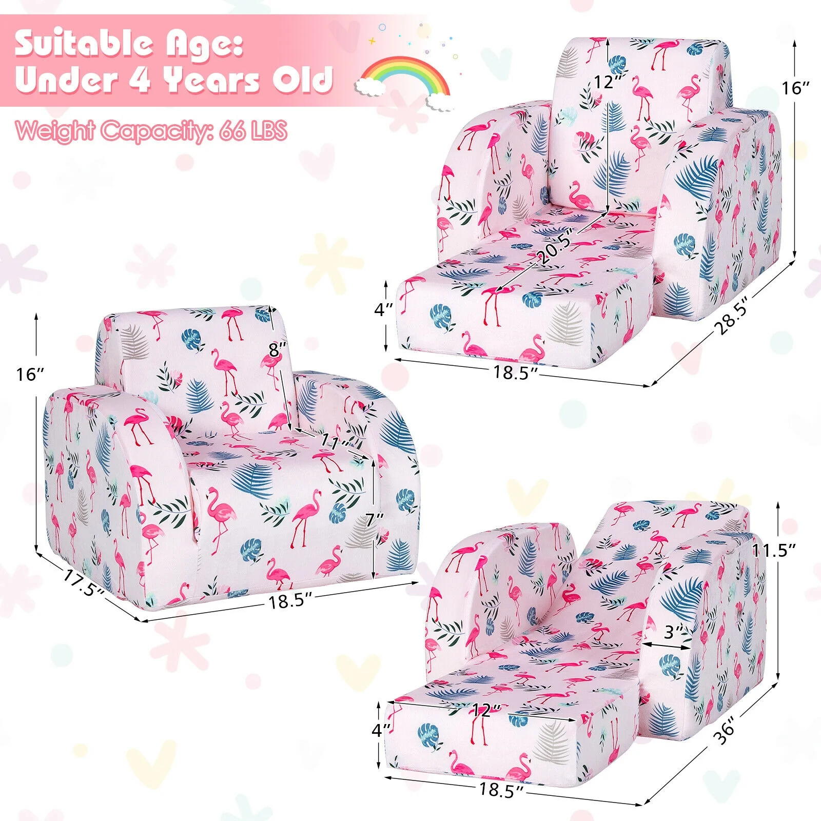 3-In-1 Convertible Kid Sofa Bed, Flip-Out Chair Lounger, Pink - Image 5
