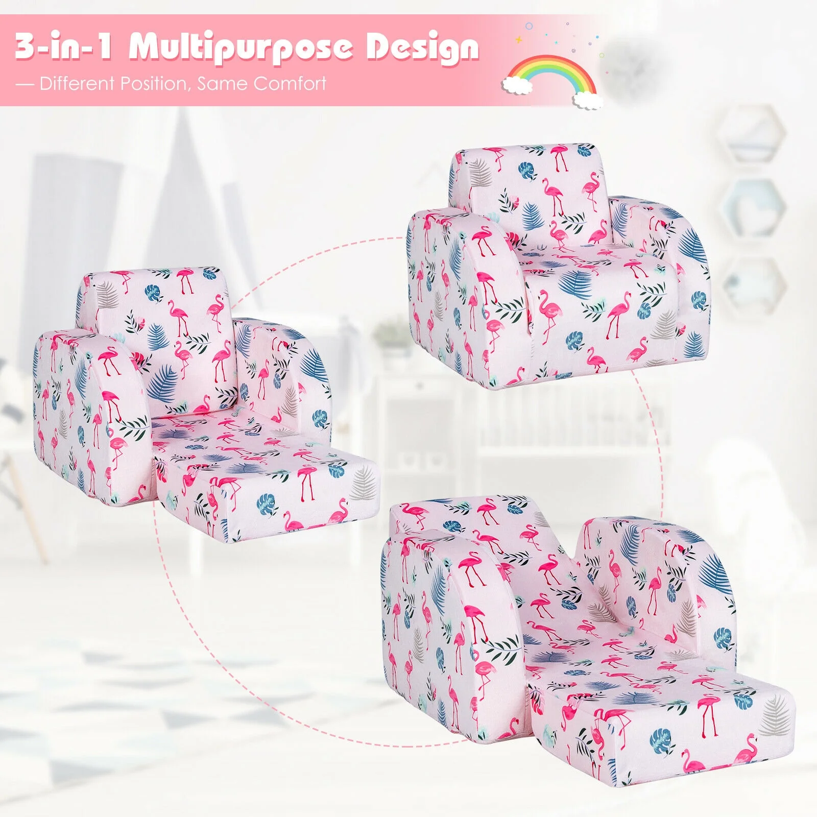 3-In-1 Convertible Kid Sofa Bed, Flip-Out Chair Lounger, Pink - Image 6