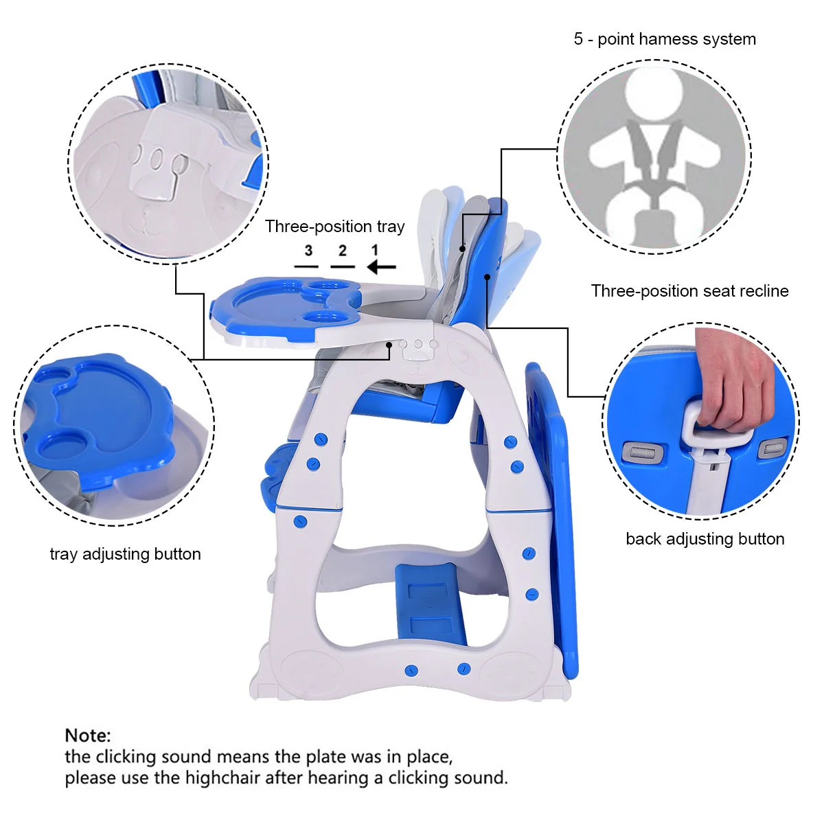 3 In 1 Convertible Play Table Seat High Chair, Blue - Image 3