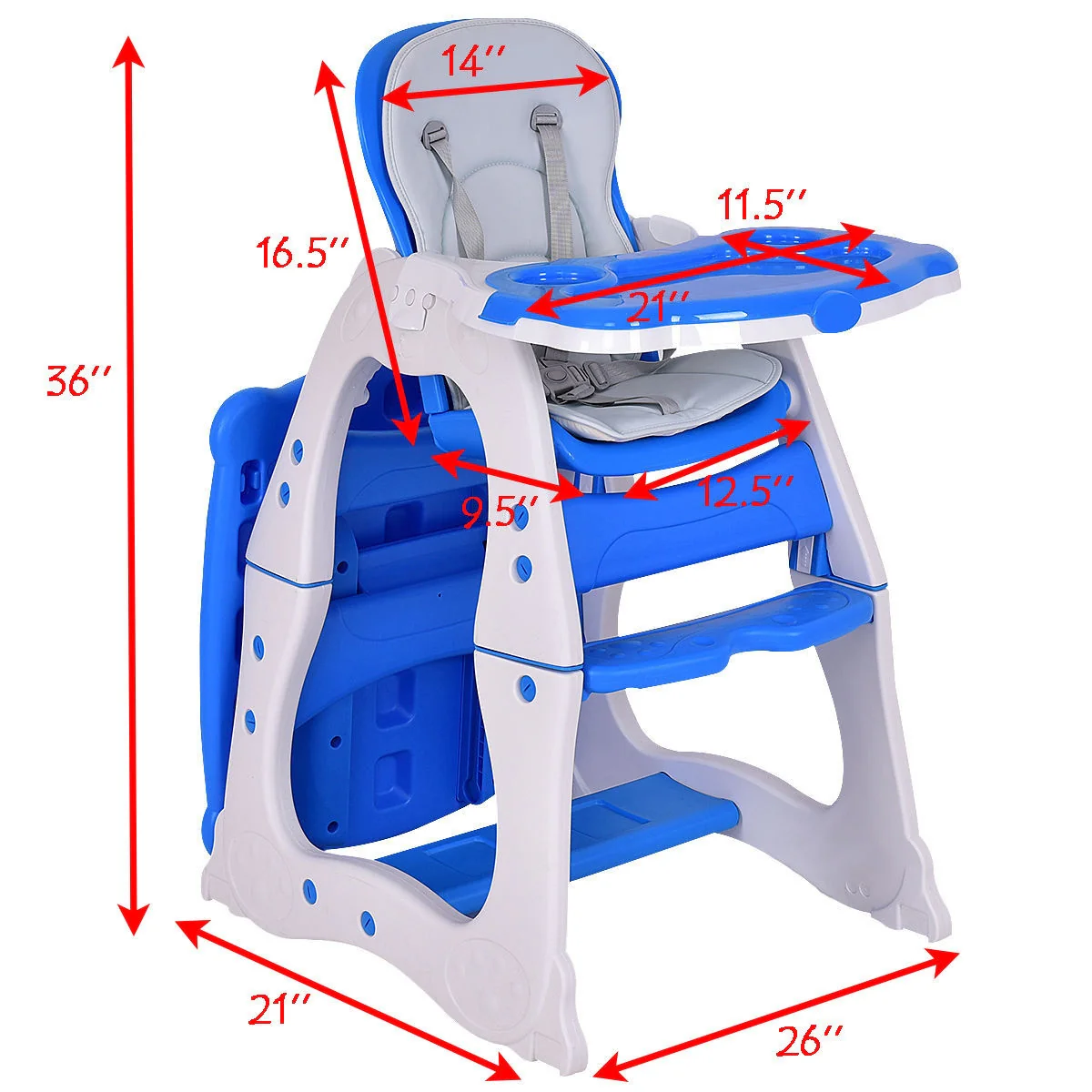 3 In 1 Convertible Play Table Seat High Chair, Blue - Image 5