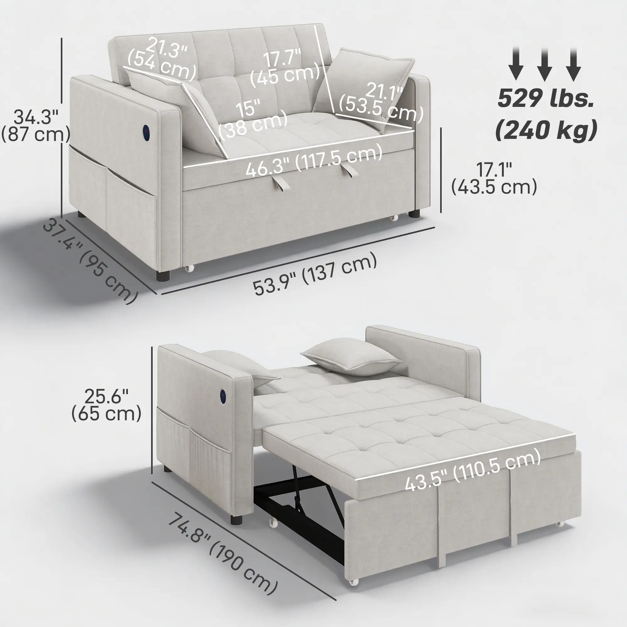 3-In-1 Convertible Sofa Bed, Pull Out Sleeper, Adjustable Backrest, Beige - Image 3