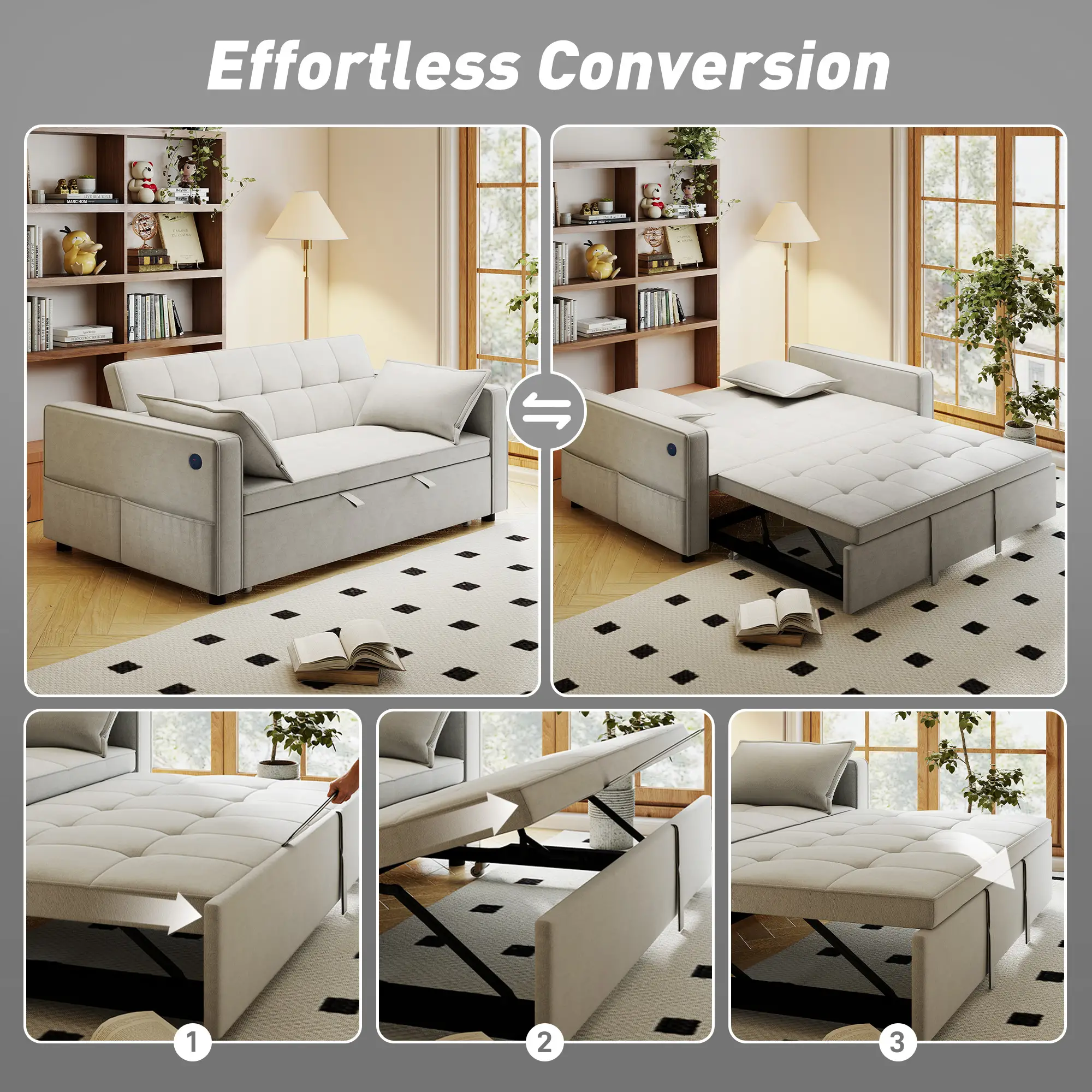 3-In-1 Convertible Sofa Bed, Pull Out Sleeper, Adjustable Backrest, Beige - Image 4