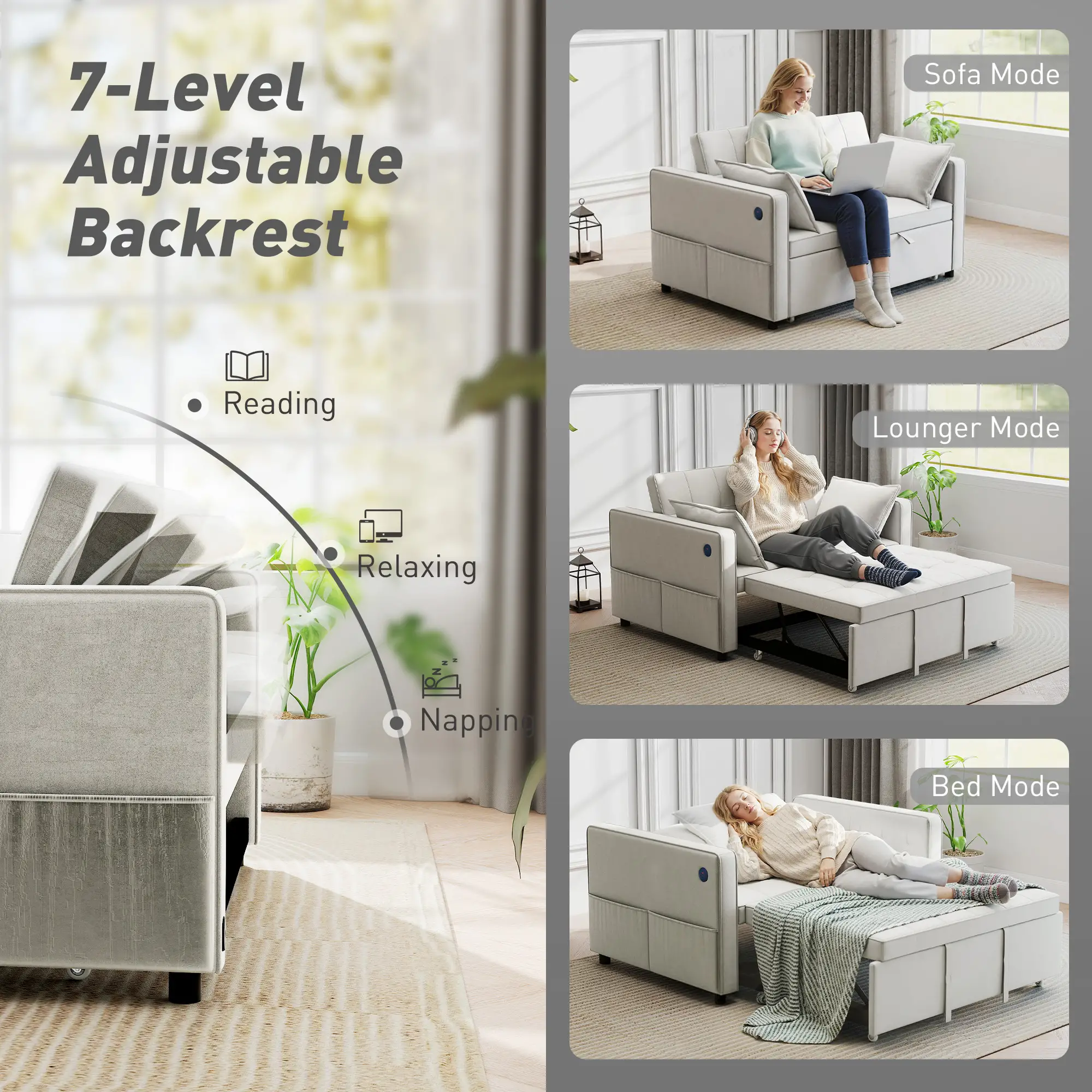 3-In-1 Convertible Sofa Bed, Pull Out Sleeper, Adjustable Backrest, Beige - Image 5
