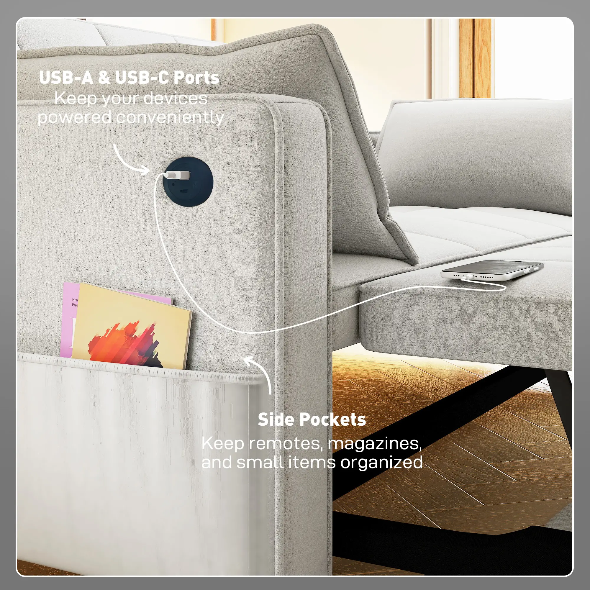 3-In-1 Convertible Sofa Bed, Pull Out Sleeper, Adjustable Backrest, Beige - Image 7