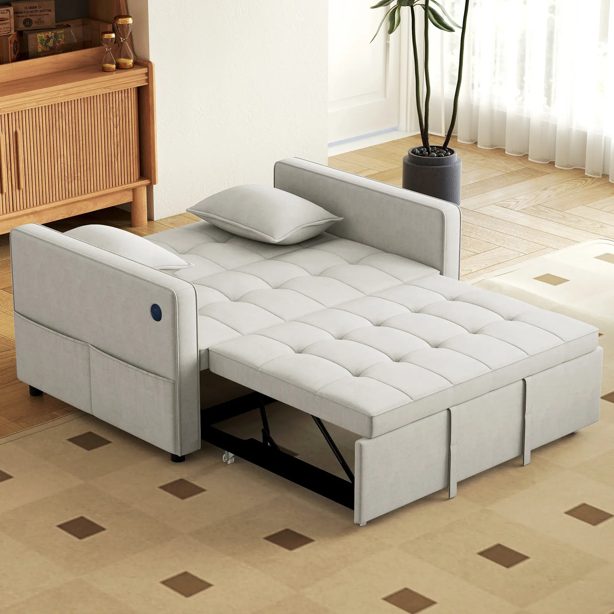 3-In-1 Convertible Sofa Bed, Pull Out Sleeper, Adjustable Backrest, Beige - Image 8