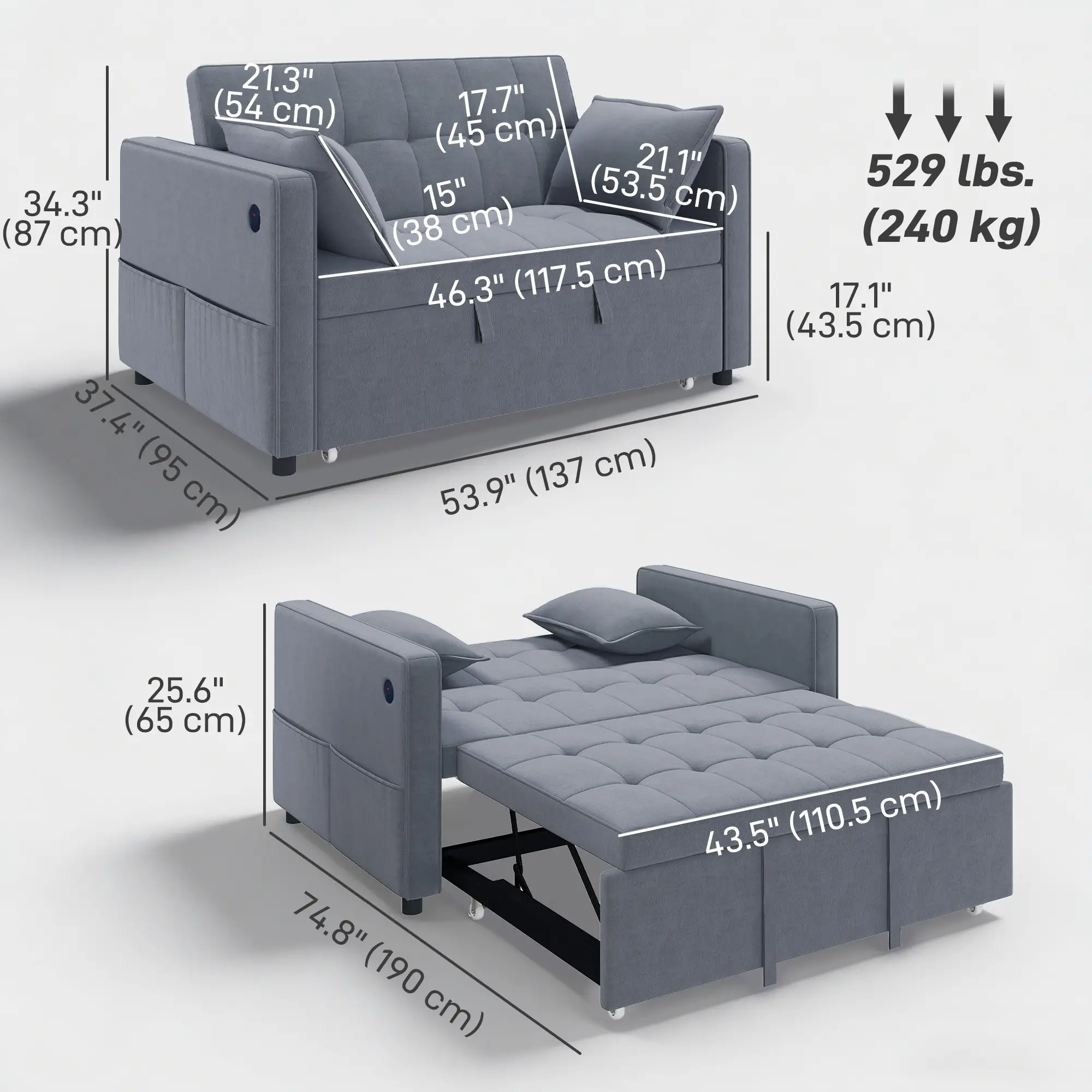 3-In-1 Convertible Sofa Bed, Pull Out Sleeper, Adjustable Backrest, Dark Grey - Image 3