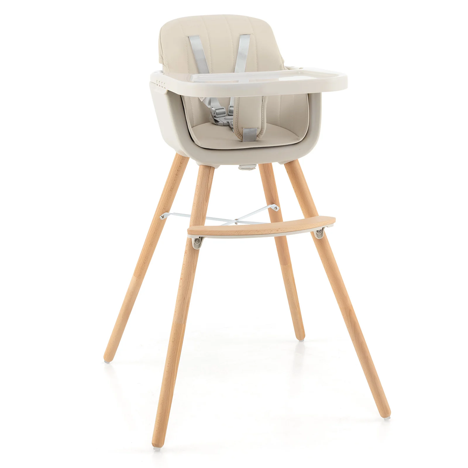 3-in-1 Convertible Wooden High Chair with Cushion, Beige