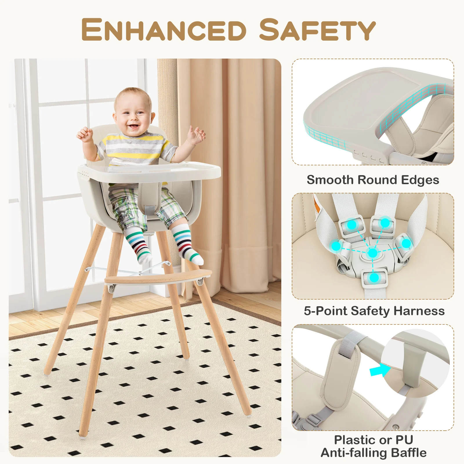 3-in-1 Convertible Wooden High Chair with Cushion, Beige - Image 10
