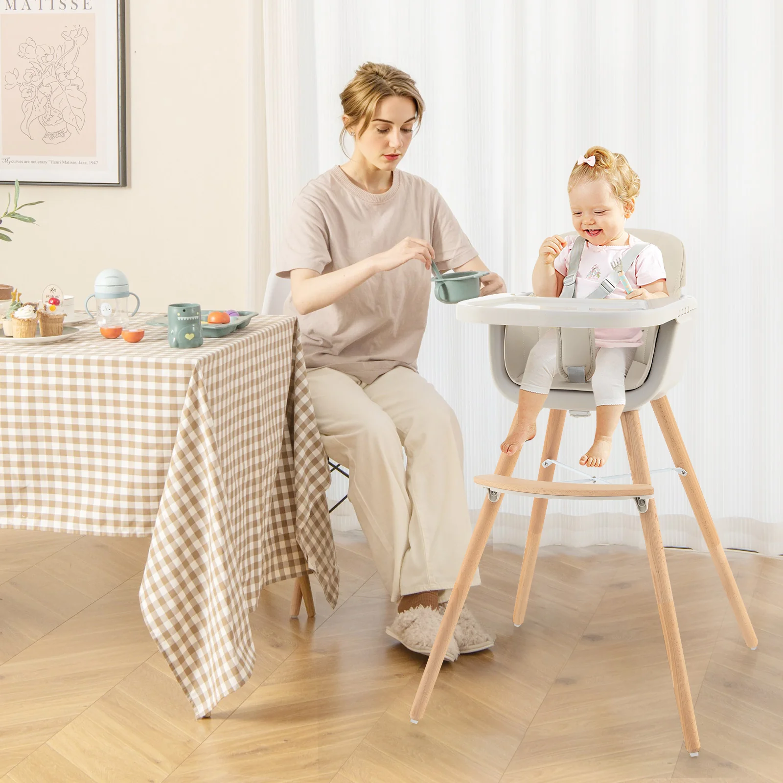 3-in-1 Convertible Wooden High Chair with Cushion, Beige - Image 2