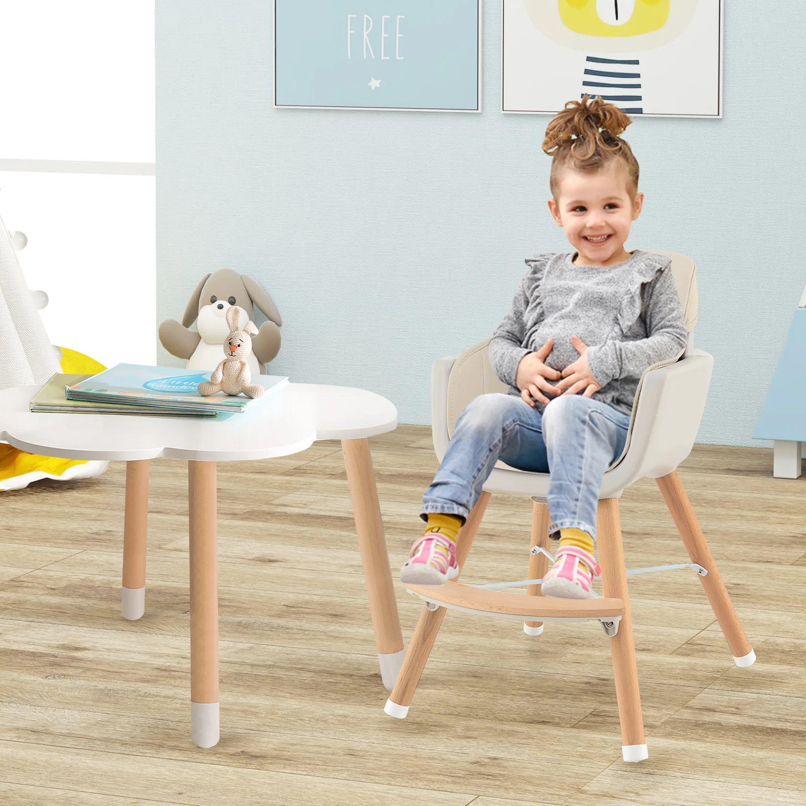 3-in-1 Convertible Wooden High Chair with Cushion, Beige - Image 3