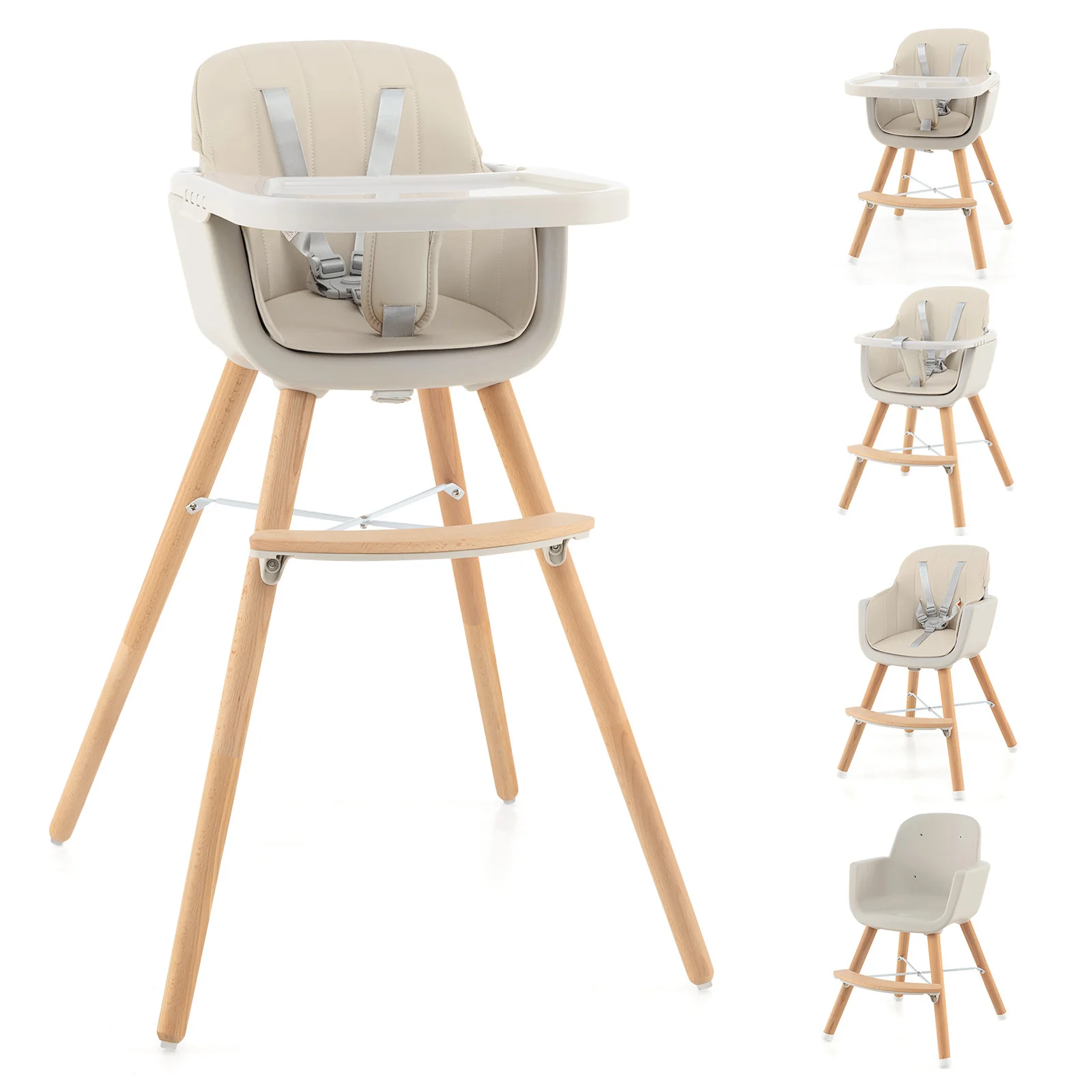 3-in-1 Convertible Wooden High Chair with Cushion, Beige - Image 5