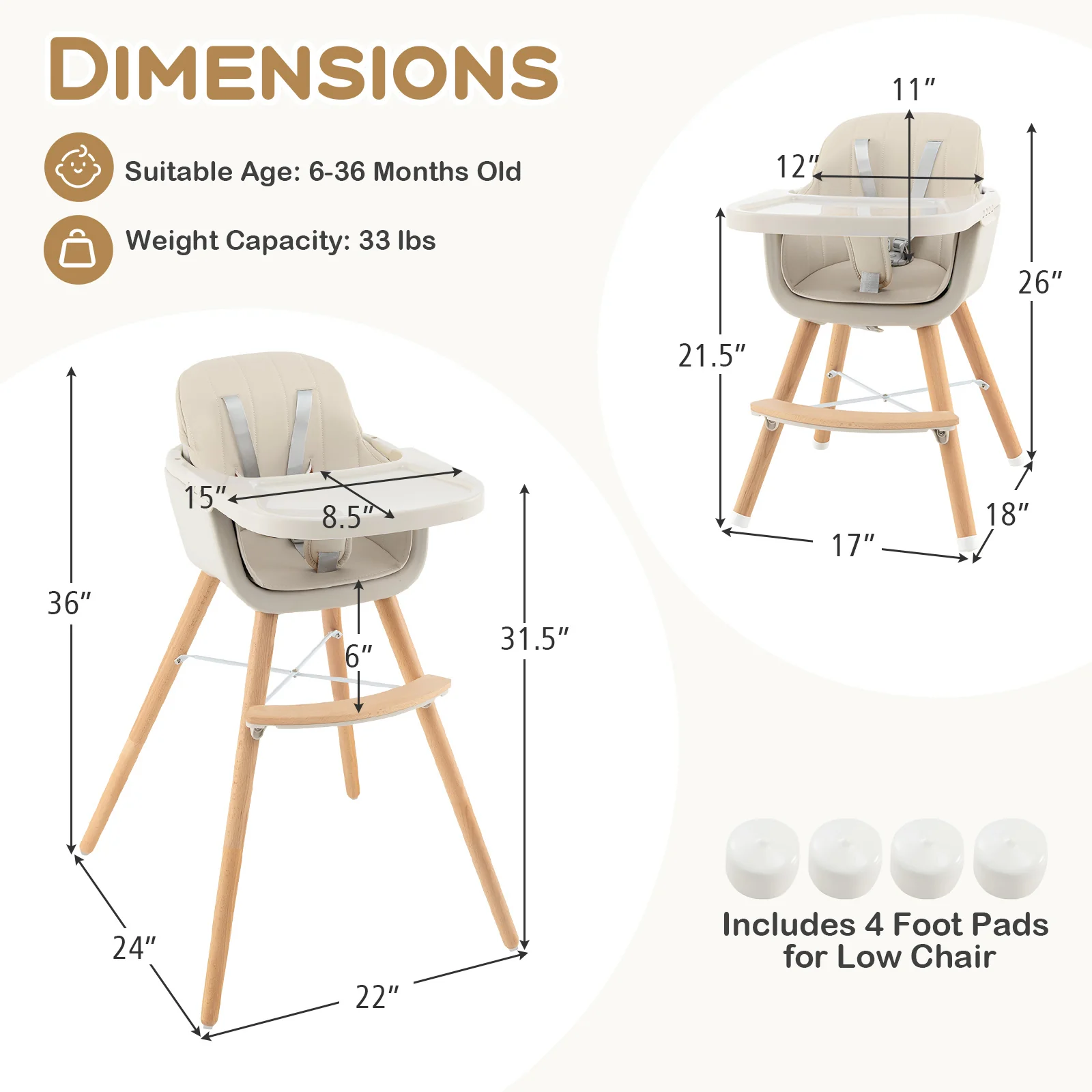 3-in-1 Convertible Wooden High Chair with Cushion, Beige - Image 6