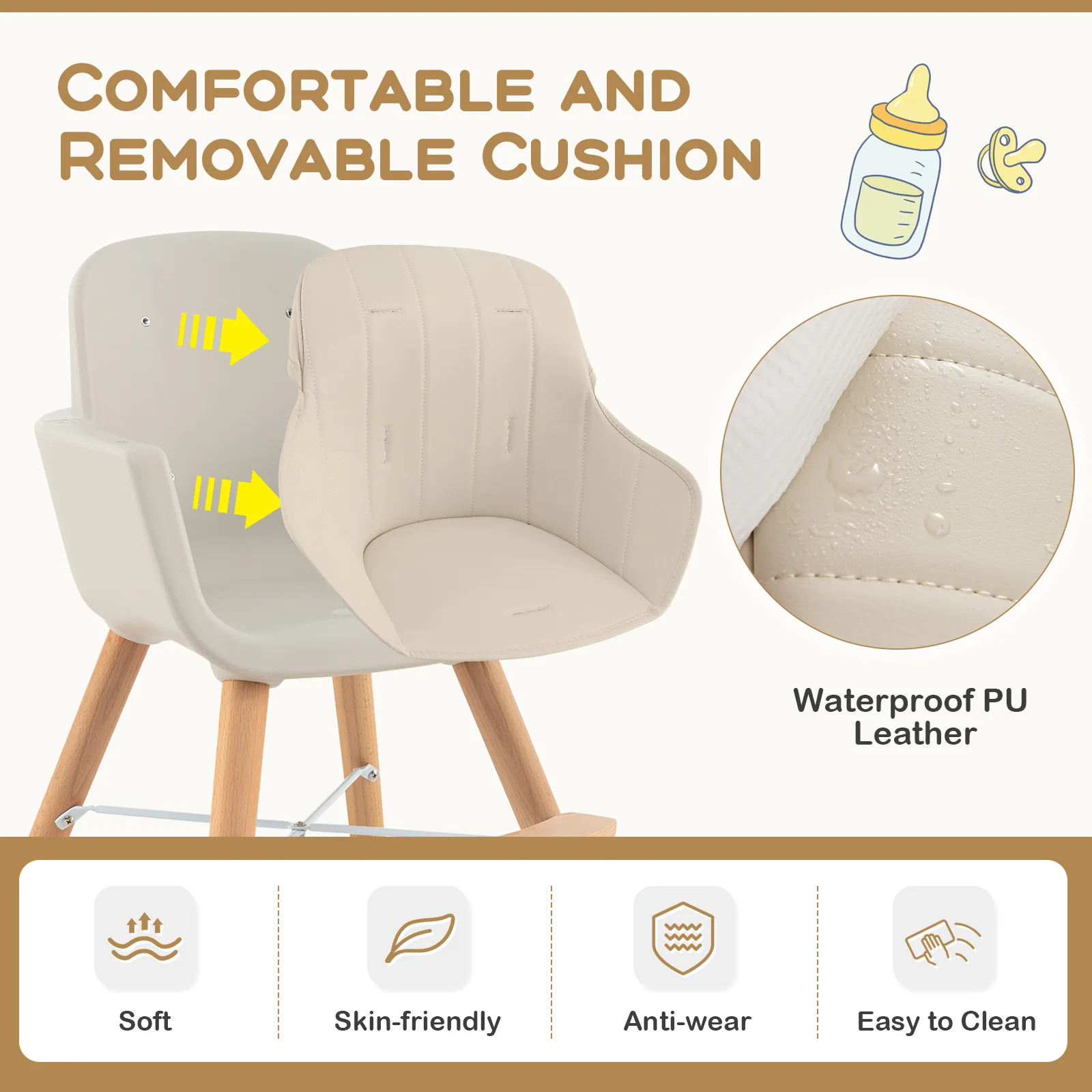 3-in-1 Convertible Wooden High Chair with Cushion, Beige - Image 8