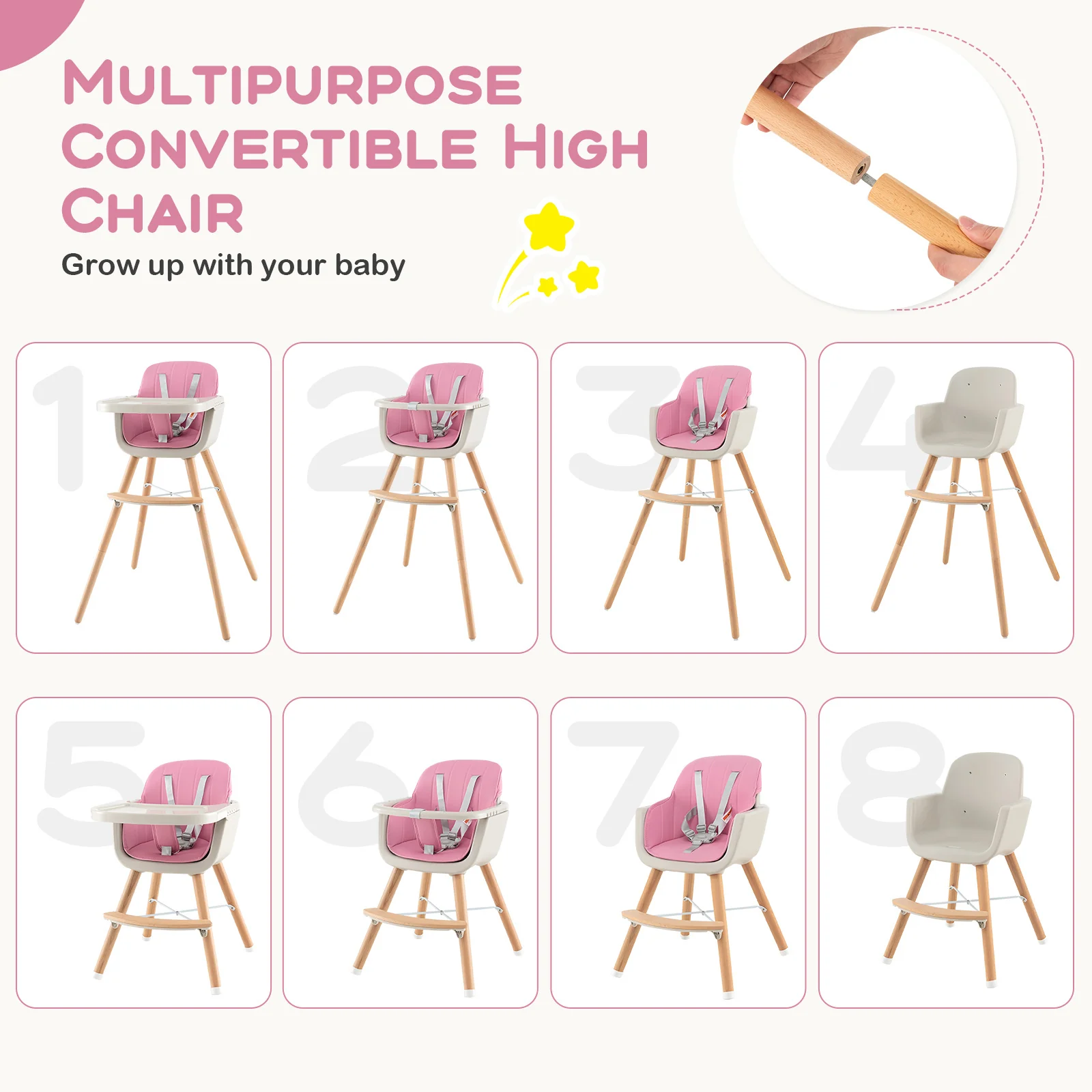 3-In-1 Convertible Wooden High Chair With Cushion, Pink - Image 10