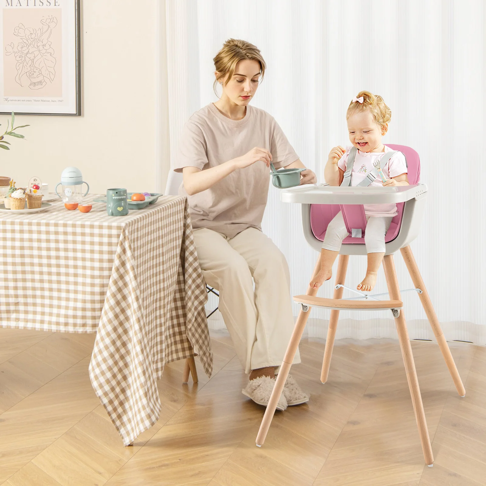 3-In-1 Convertible Wooden High Chair With Cushion, Pink - Image 2