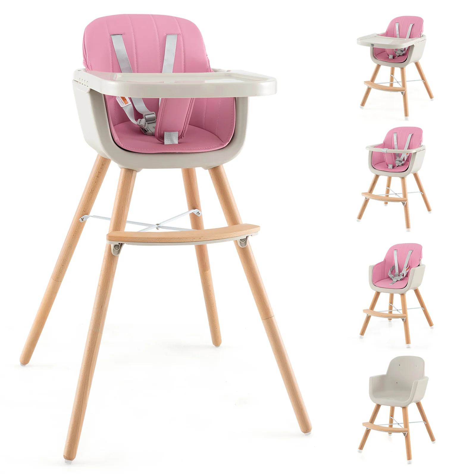 3-In-1 Convertible Wooden High Chair With Cushion, Pink - Image 5