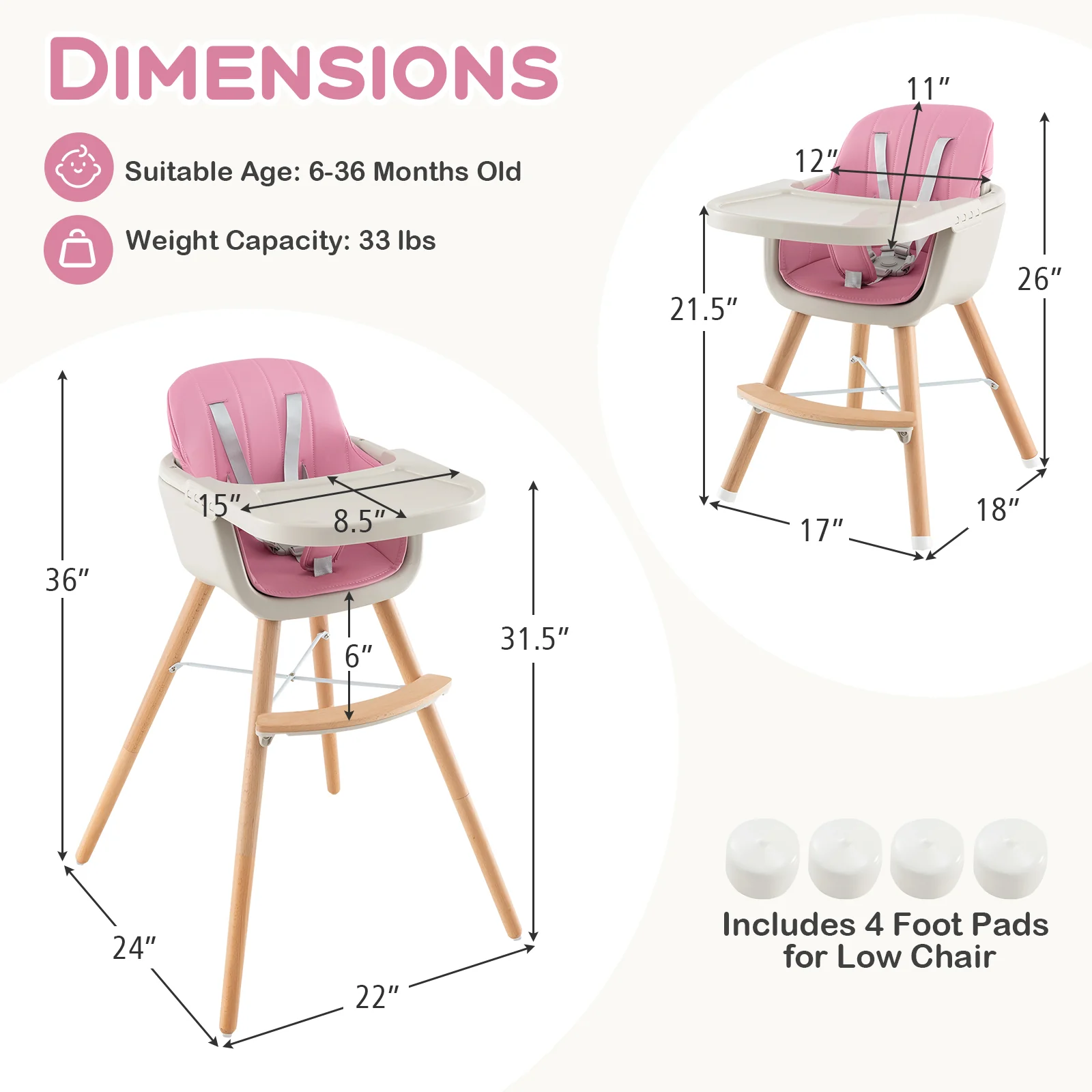 3-In-1 Convertible Wooden High Chair With Cushion, Pink - Image 6