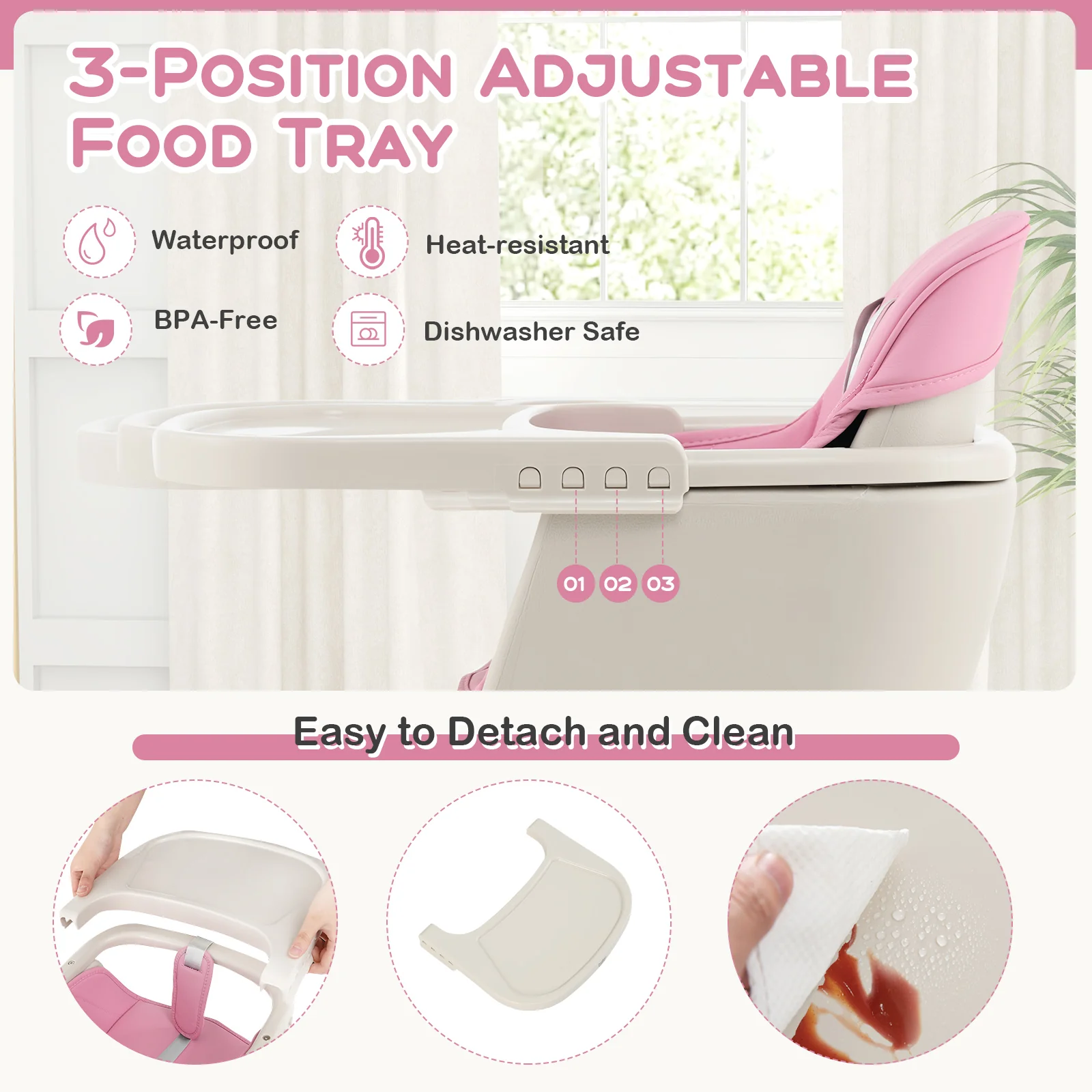 3-In-1 Convertible Wooden High Chair With Cushion, Pink - Image 7