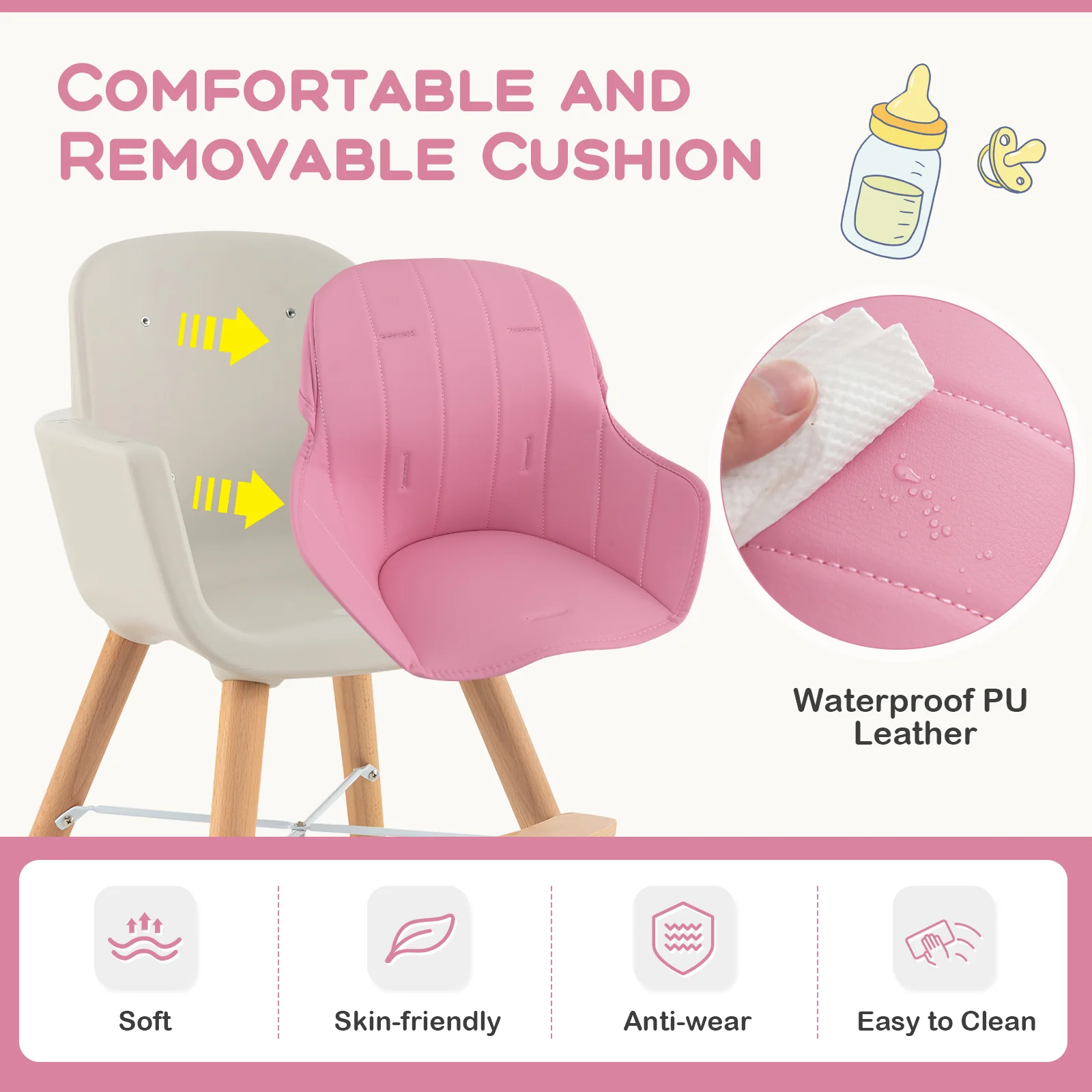 3-In-1 Convertible Wooden High Chair With Cushion, Pink - Image 8