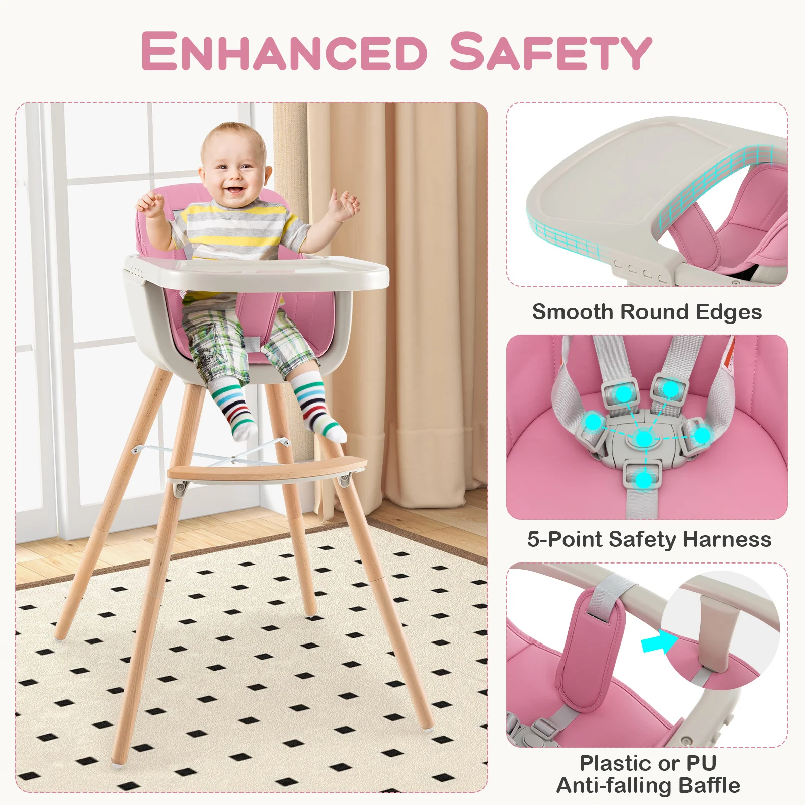 3-In-1 Convertible Wooden High Chair With Cushion, Pink - Image 9