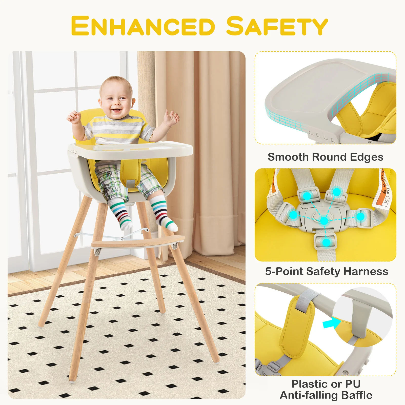 3-in-1 Convertible Wooden High Chair With Cushion, Yellow - Image 10