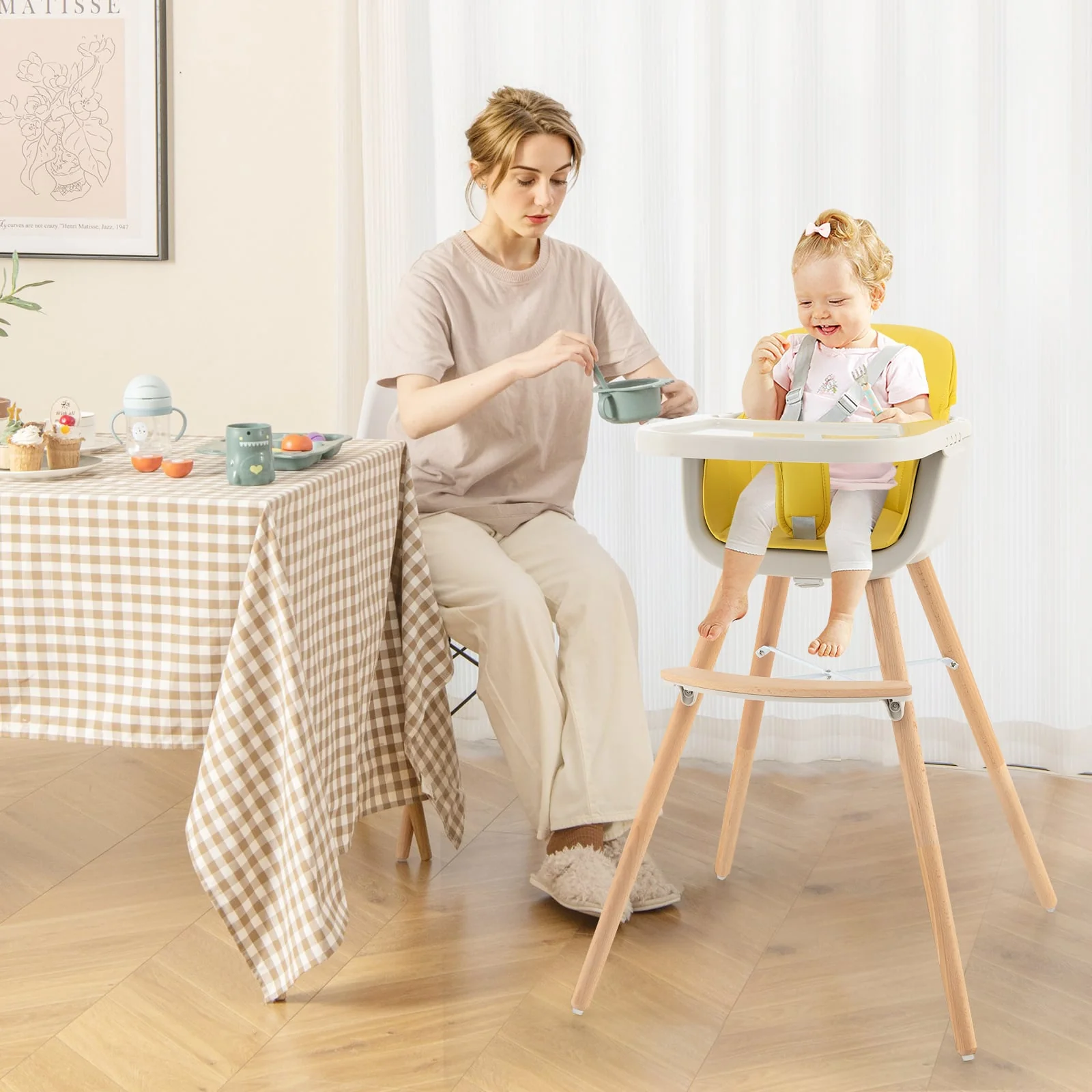 3-in-1 Convertible Wooden High Chair With Cushion, Yellow - Image 2