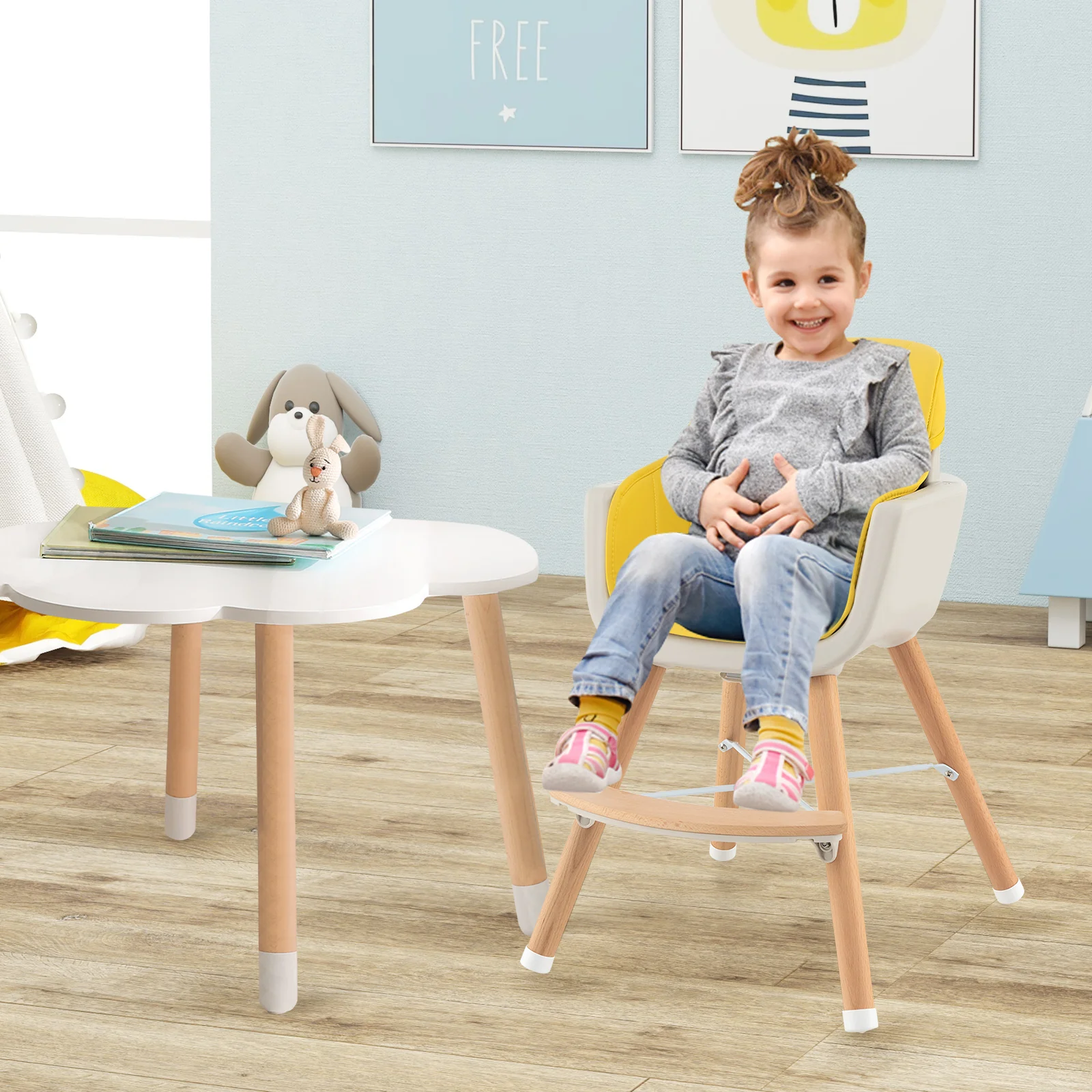 3-in-1 Convertible Wooden High Chair With Cushion, Yellow - Image 3