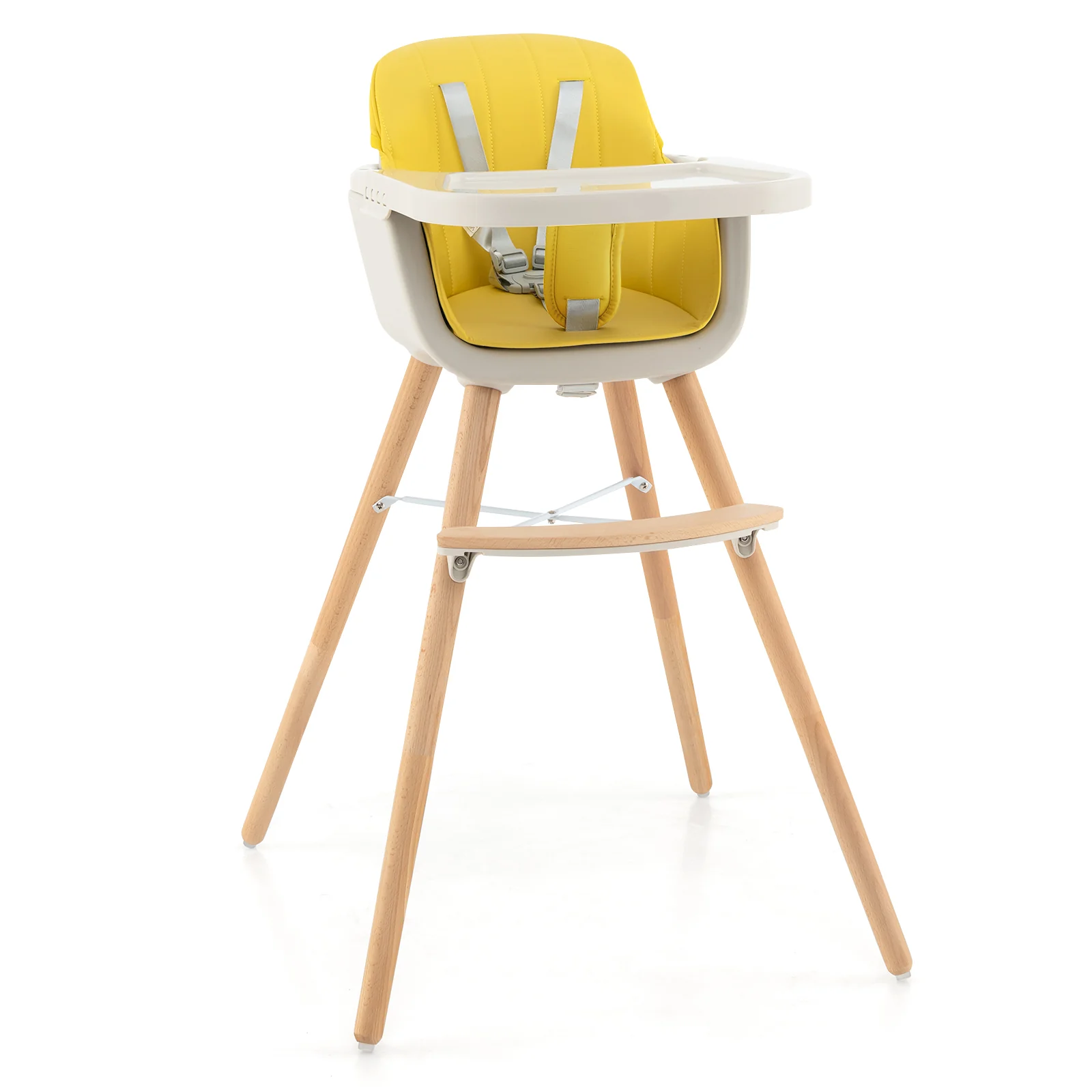 3-in-1 Convertible Wooden High Chair With Cushion, Yellow - Image 4
