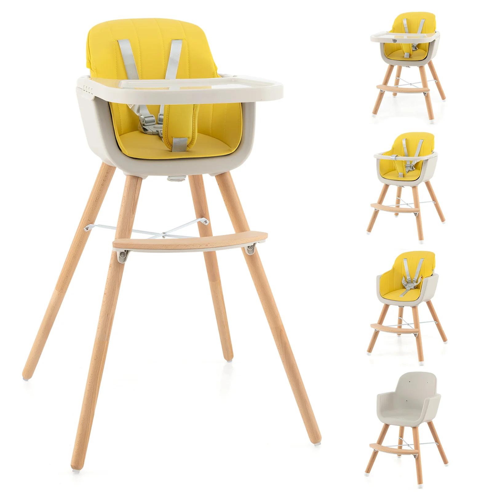 3-in-1 Convertible Wooden High Chair With Cushion, Yellow - Image 5
