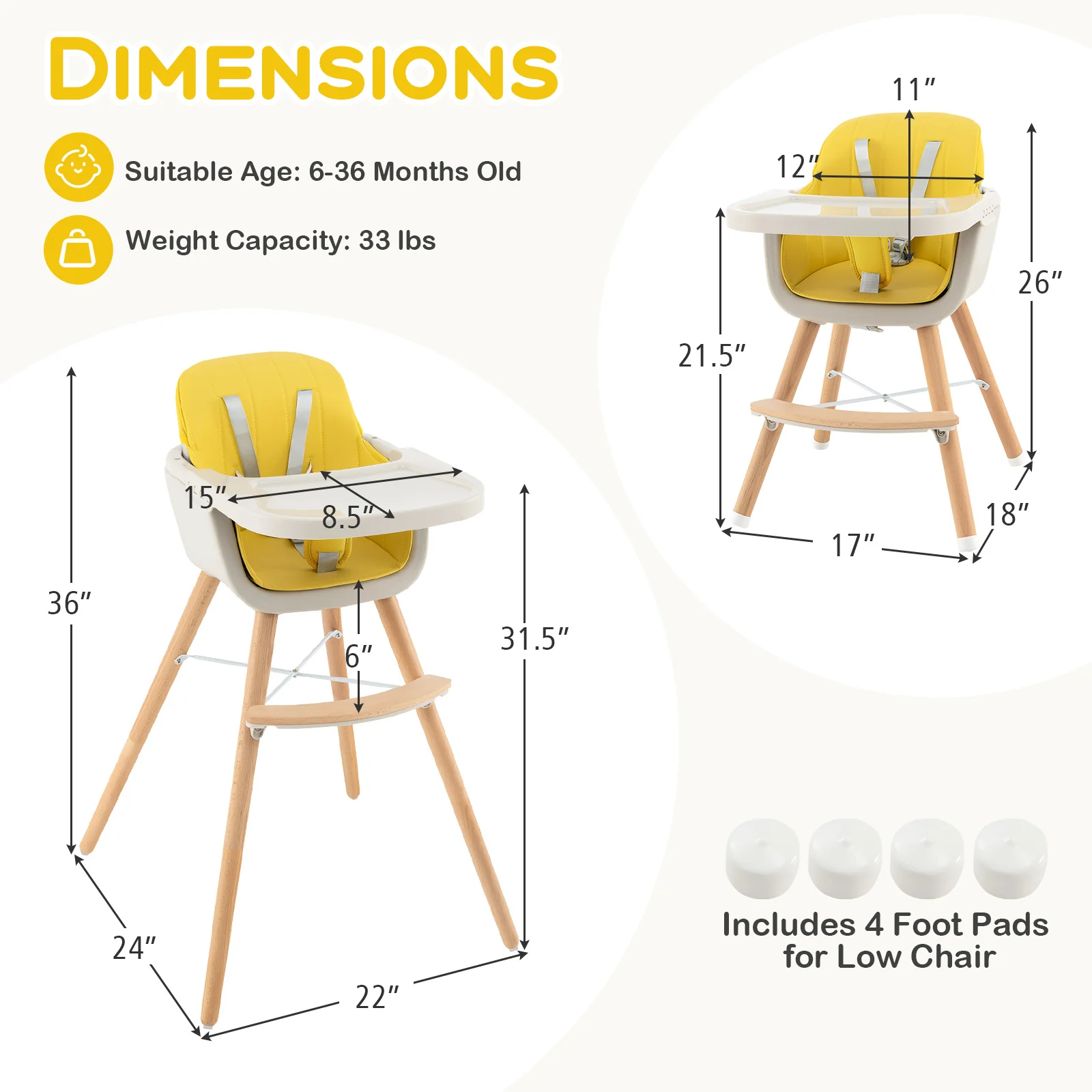 3-in-1 Convertible Wooden High Chair With Cushion, Yellow - Image 6
