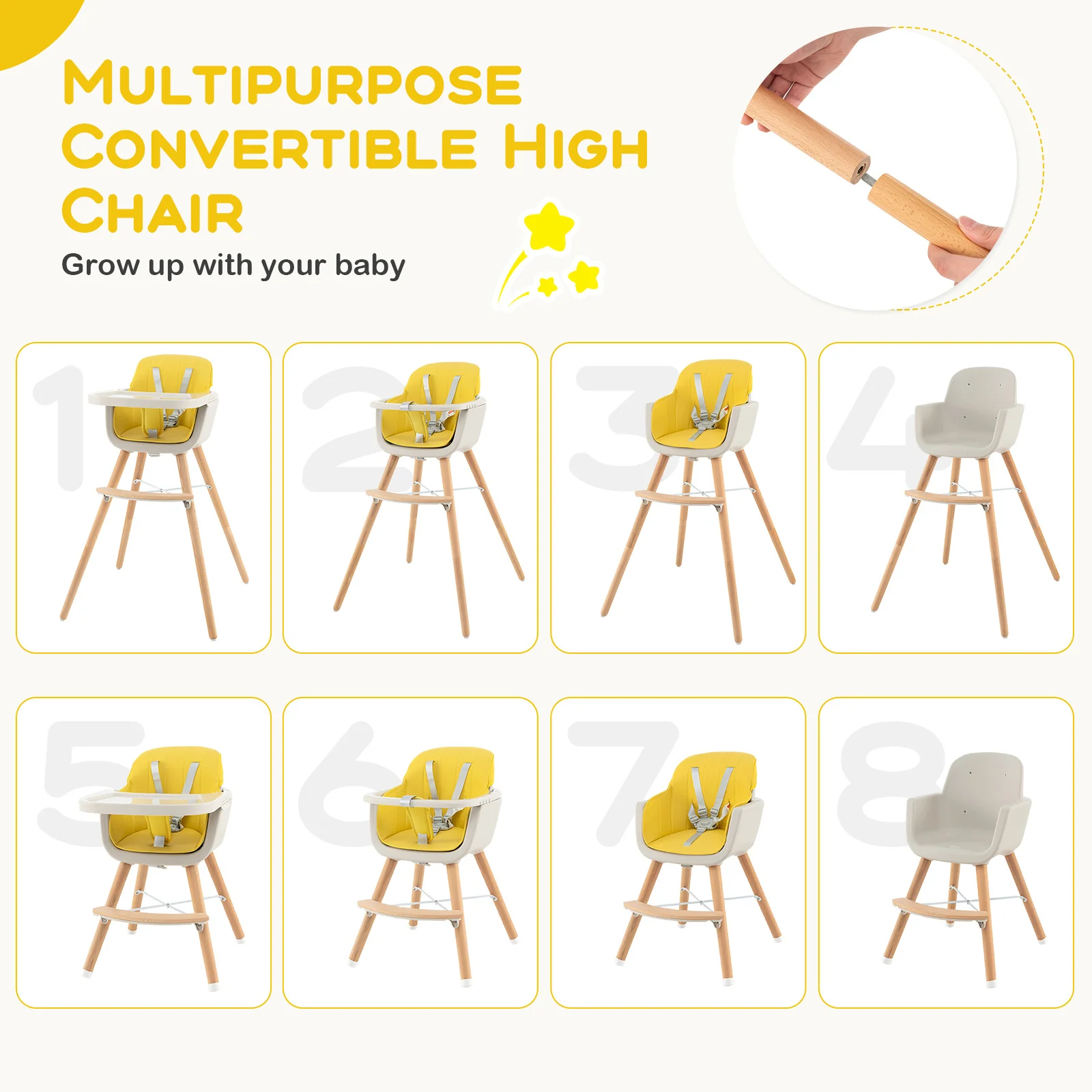3-in-1 Convertible Wooden High Chair With Cushion, Yellow - Image 7