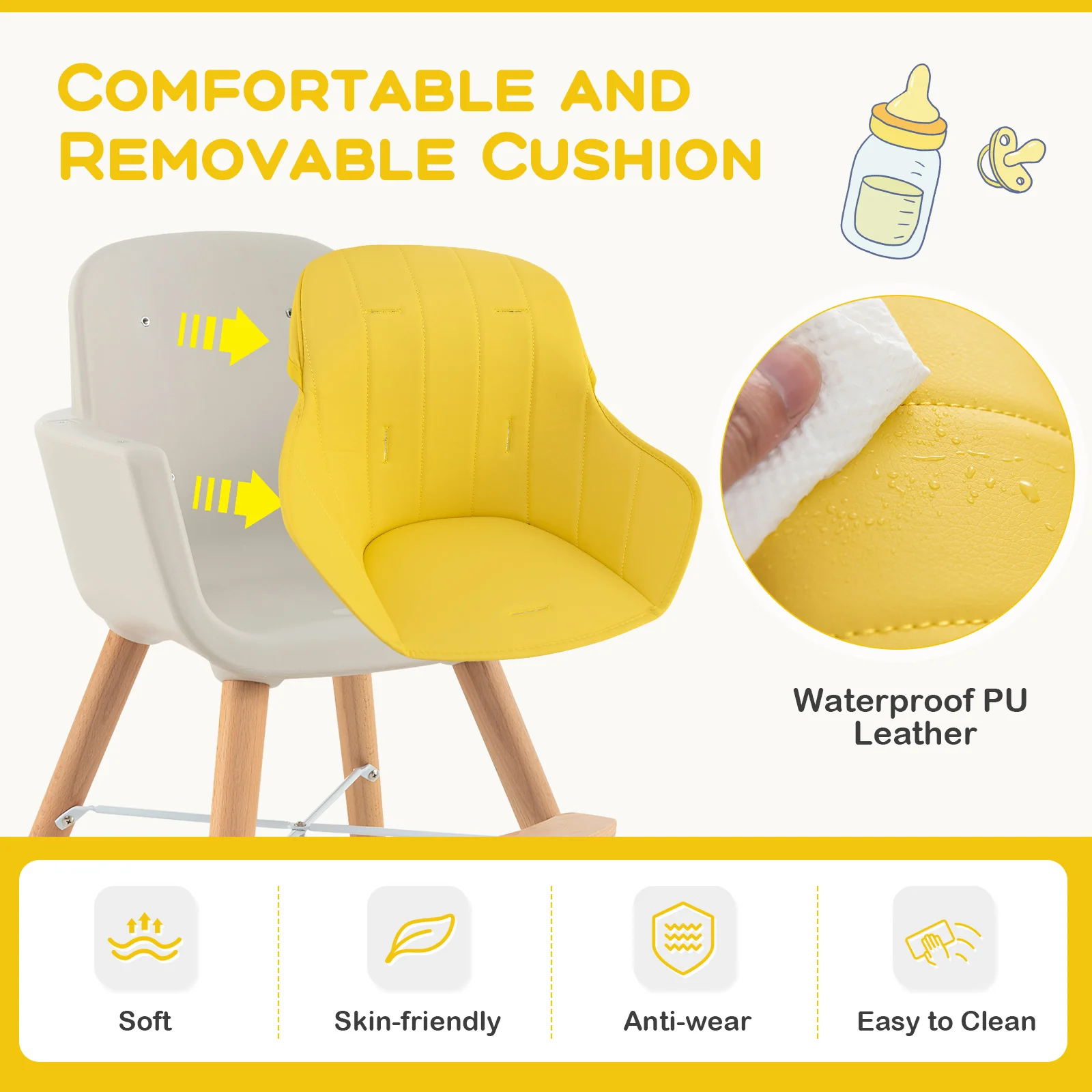 3-in-1 Convertible Wooden High Chair With Cushion, Yellow - Image 8