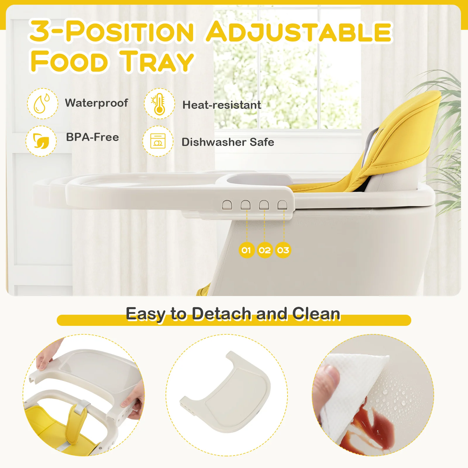 3-in-1 Convertible Wooden High Chair With Cushion, Yellow - Image 9