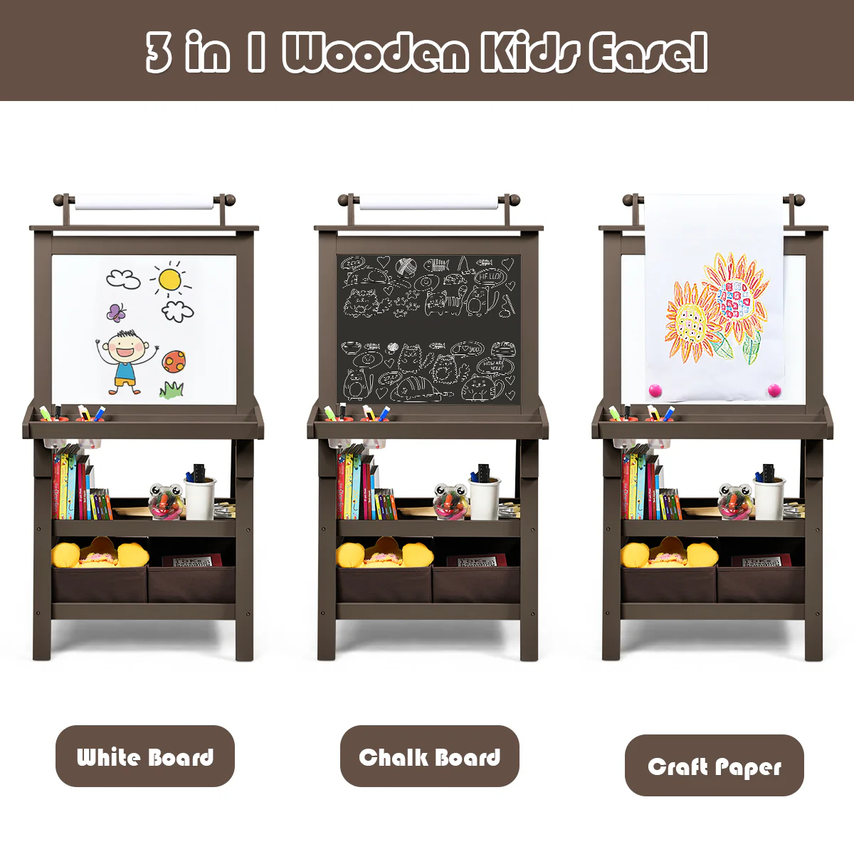 3 In 1 Double-Sided Art Easel, Brown - Image 10