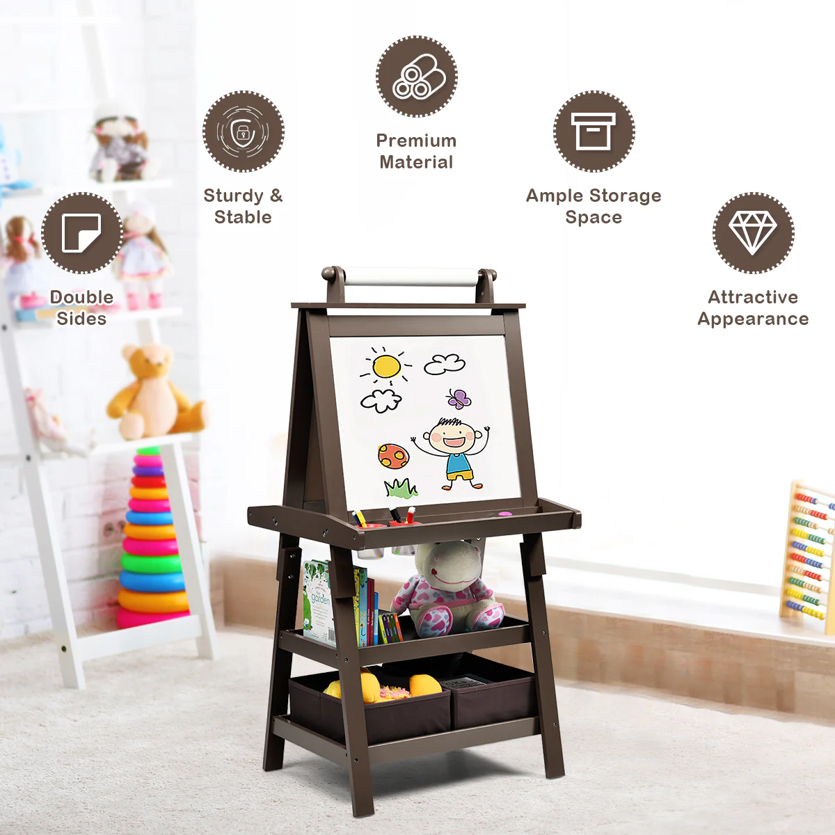3 In 1 Double-Sided Art Easel, Brown - Image 8