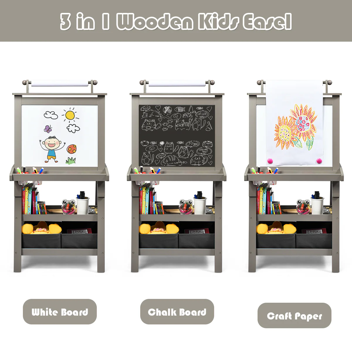 3 In 1 Double-Sided Art Easel, Gray - Image 9