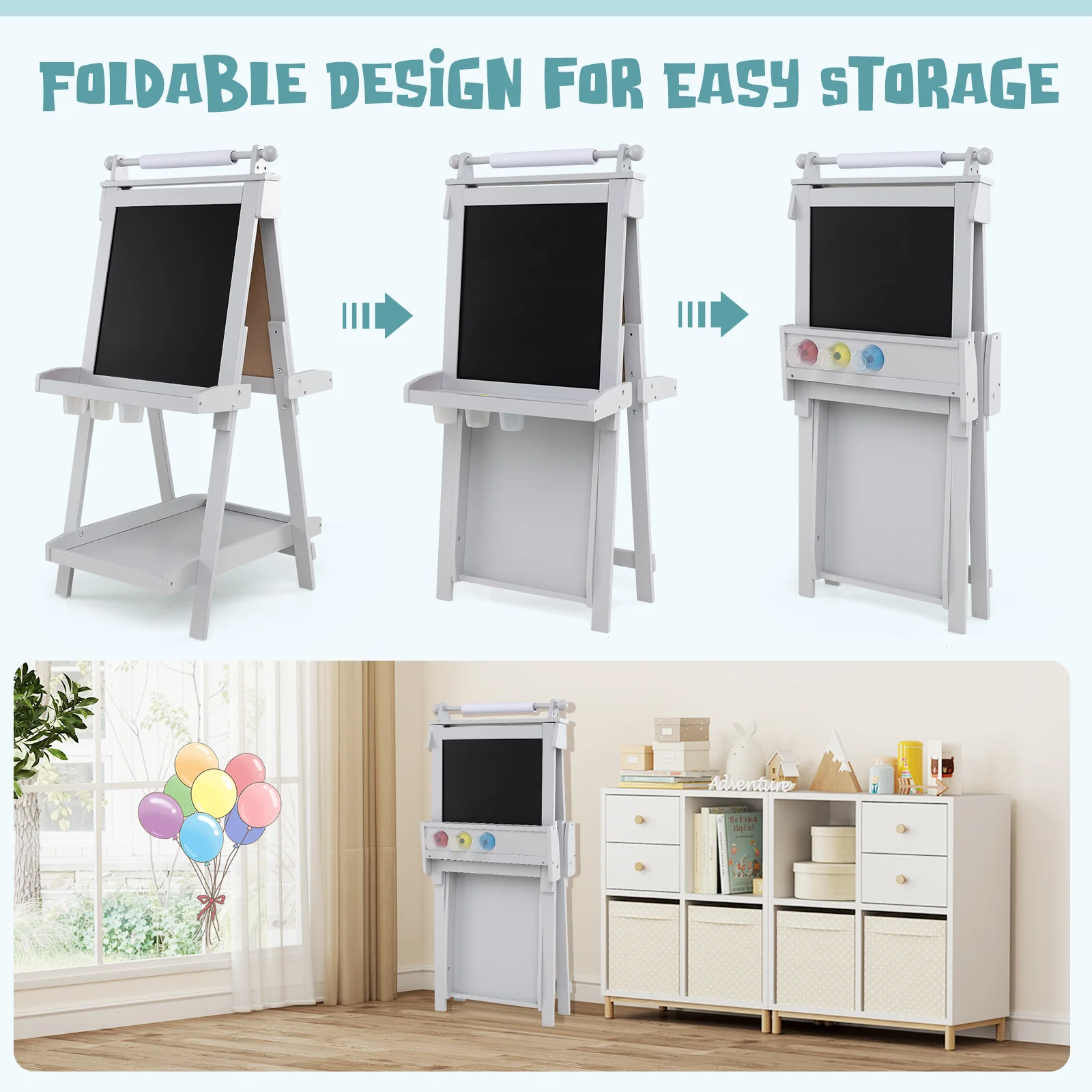 3-In-1 Double-Sided Art Easel With Chalkboard, Magnetic Whiteboard, Gray - Image 10