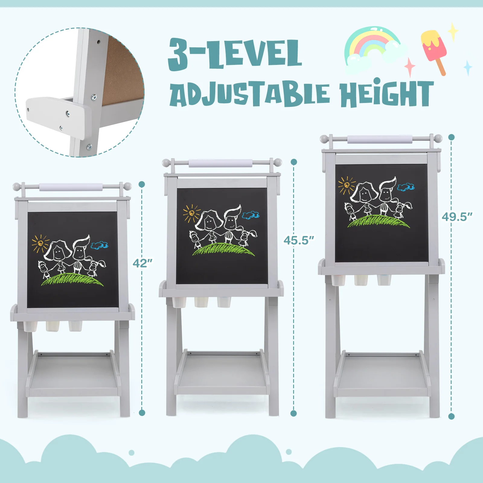 3-In-1 Double-Sided Art Easel With Chalkboard, Magnetic Whiteboard, Gray - Image 7
