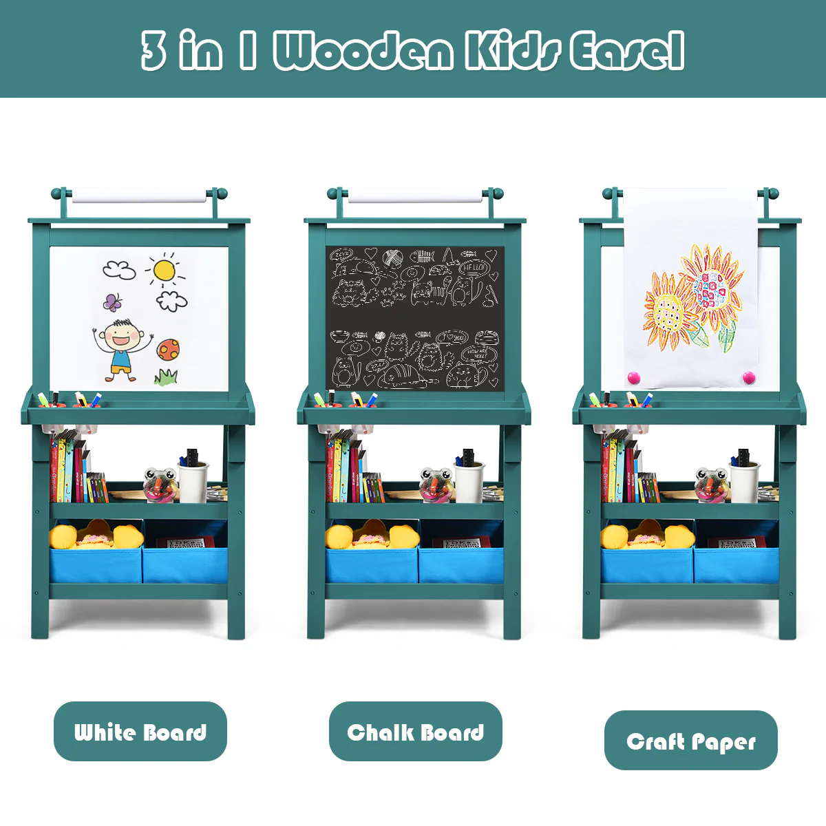 3 In 1 Double-Sided Storage Art Easel, Green - Image 9