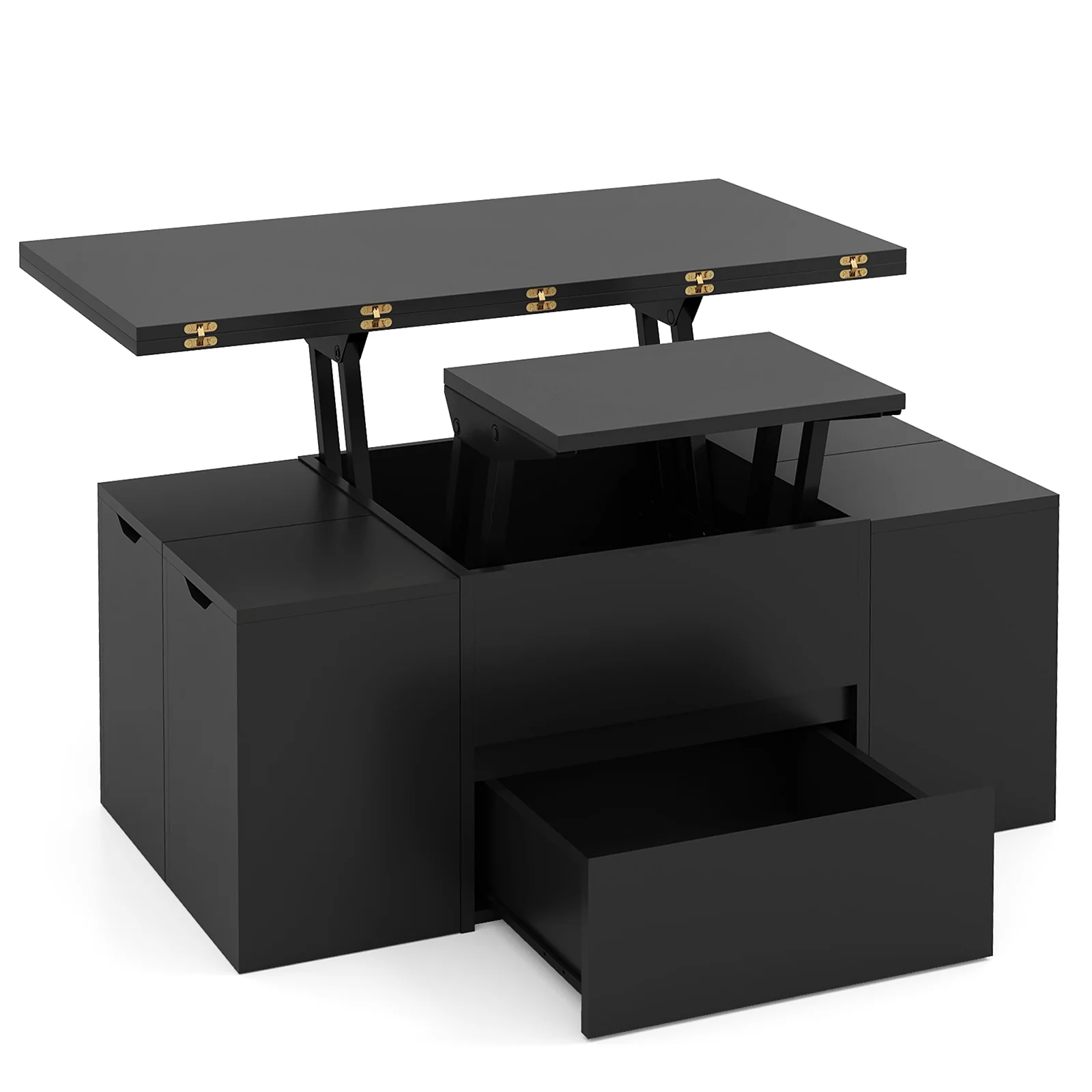 3-in-1 Expandable Lift Top Coffee Table with 4 Storage Stools and Hidden Compartment for 4-8 People, Black