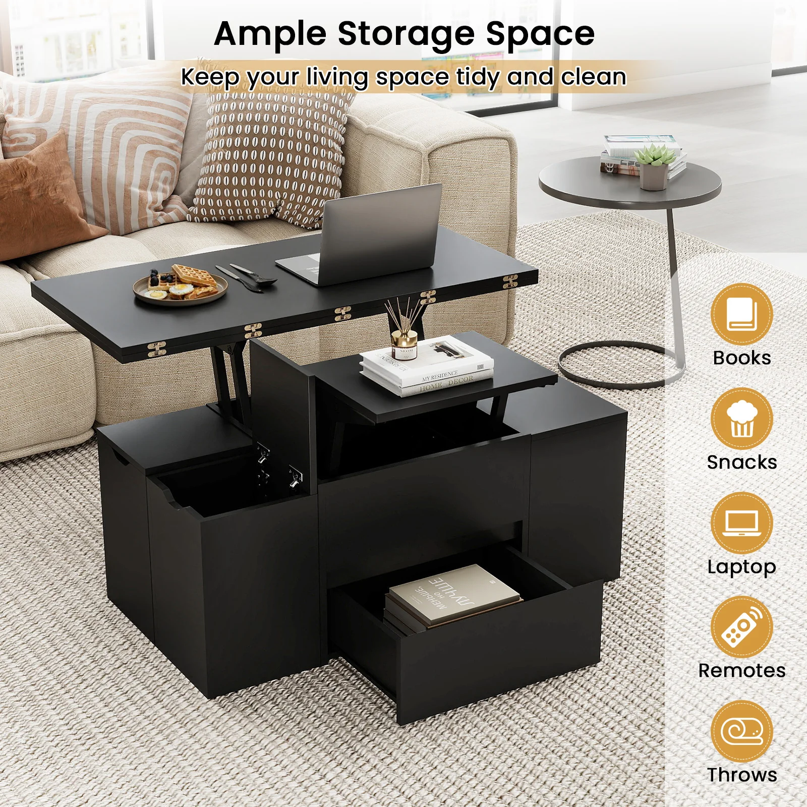 3-in-1 Expandable Lift Top Coffee Table with 4 Storage Stools and Hidden Compartment for 4-8 People, Black - Image 10
