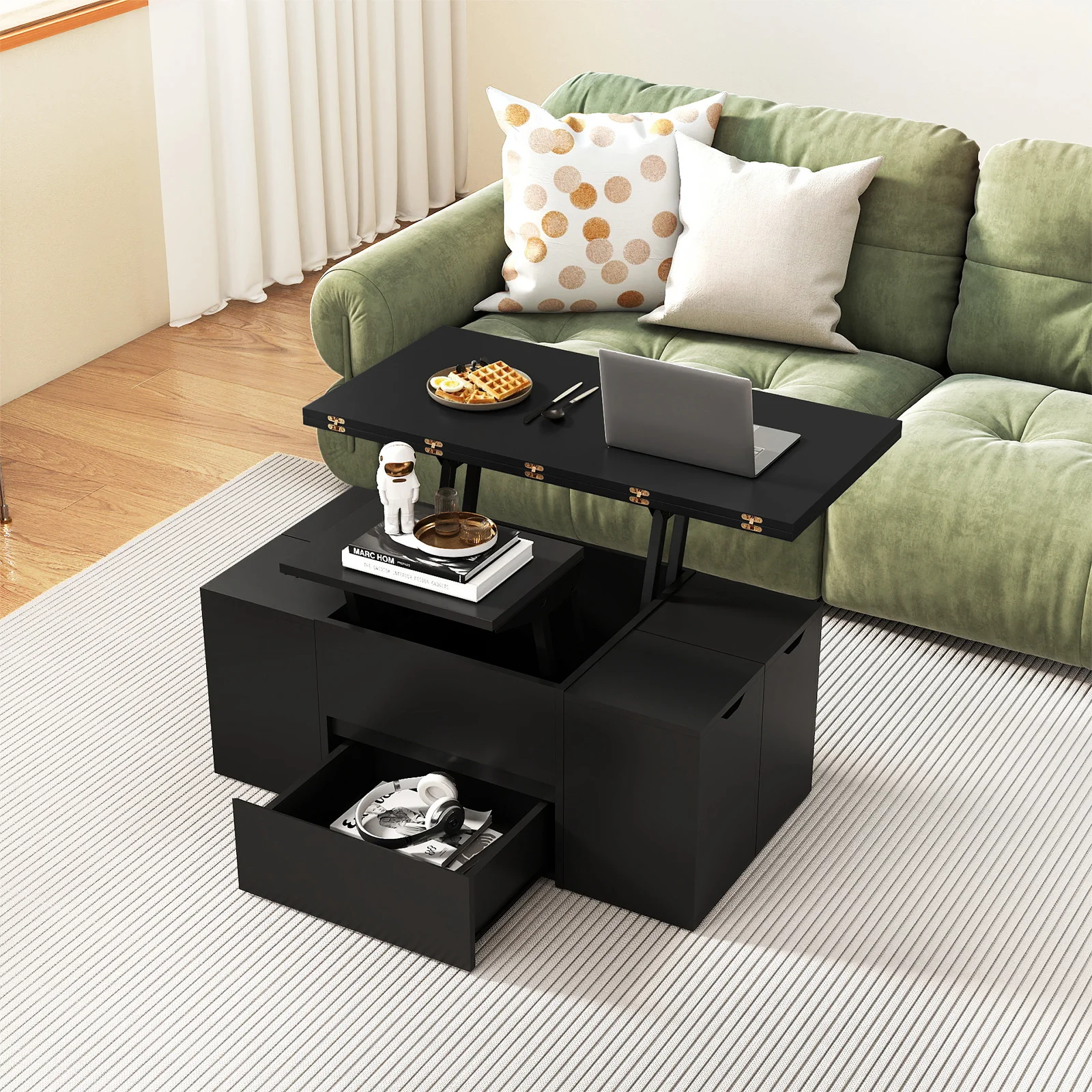 3-in-1 Expandable Lift Top Coffee Table with 4 Storage Stools and Hidden Compartment for 4-8 People, Black - Image 2