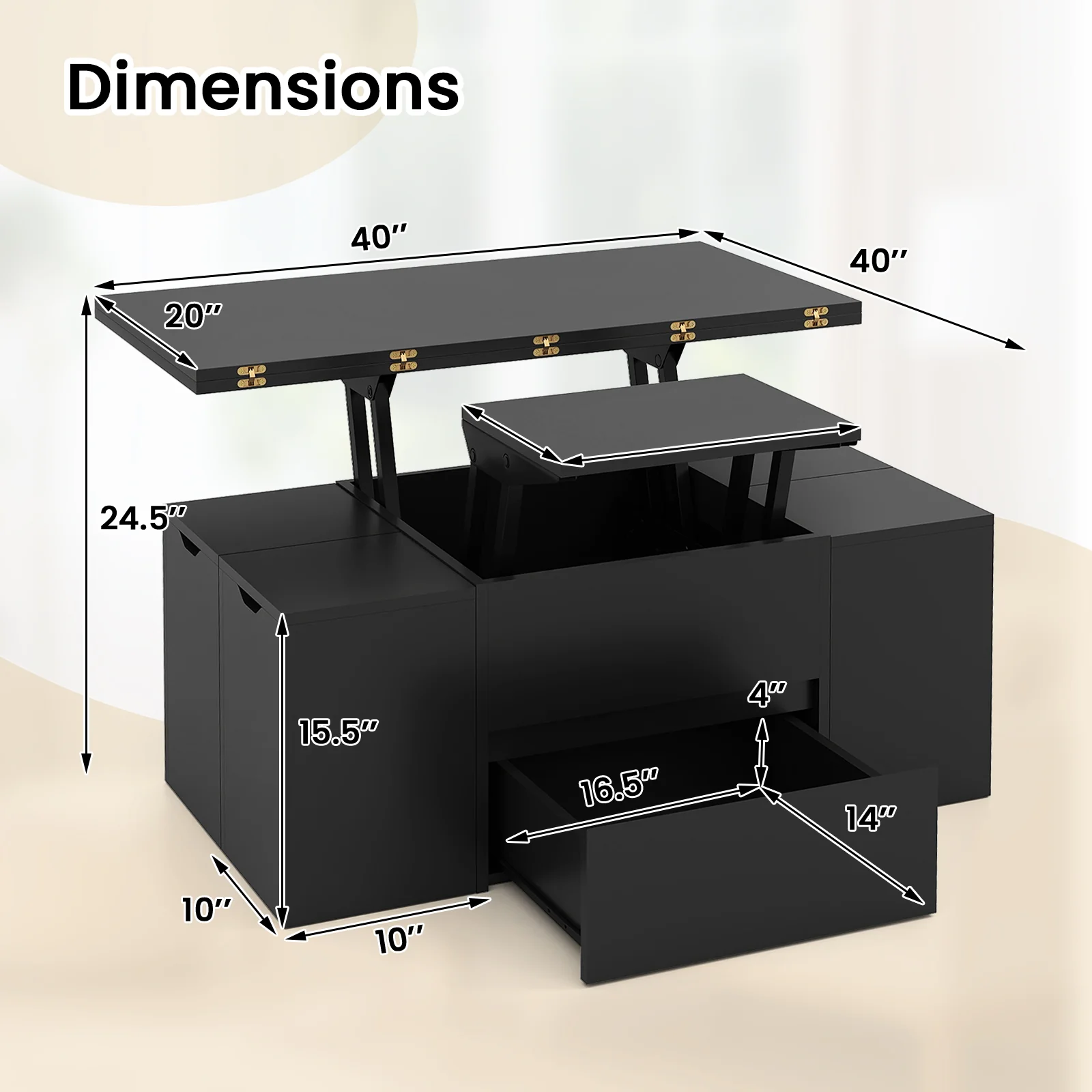 3-in-1 Expandable Lift Top Coffee Table with 4 Storage Stools and Hidden Compartment for 4-8 People, Black - Image 6